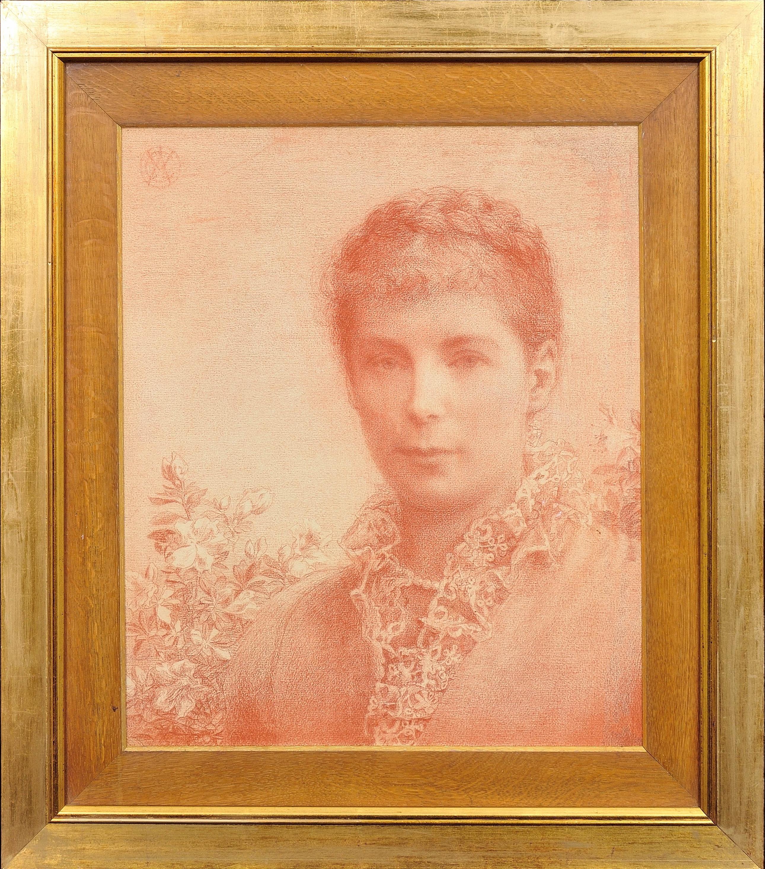 Alice Mary Chambers Portrait – Ästhetische Phase der Präraffaelitischen Bewegung Ende des 19. Jahrhunderts. Sanguine Rote Kreide