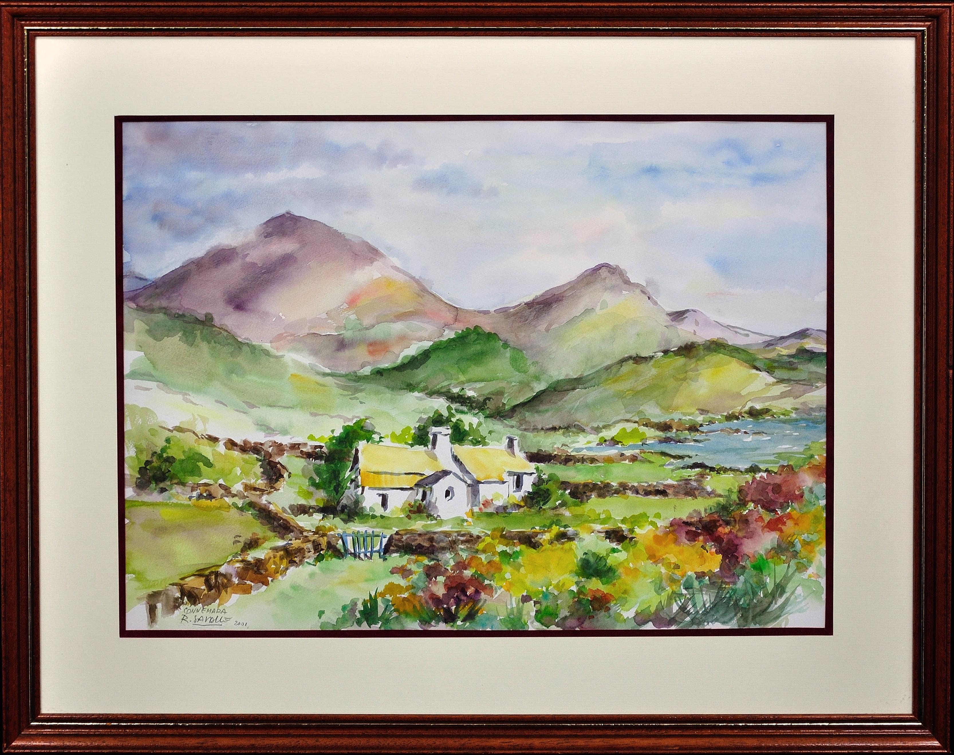 R. Savalle Landscape Art - Connemara in Ireland Eire. White Cottage.Homestead.Mountains. Hibernian. Celtic.