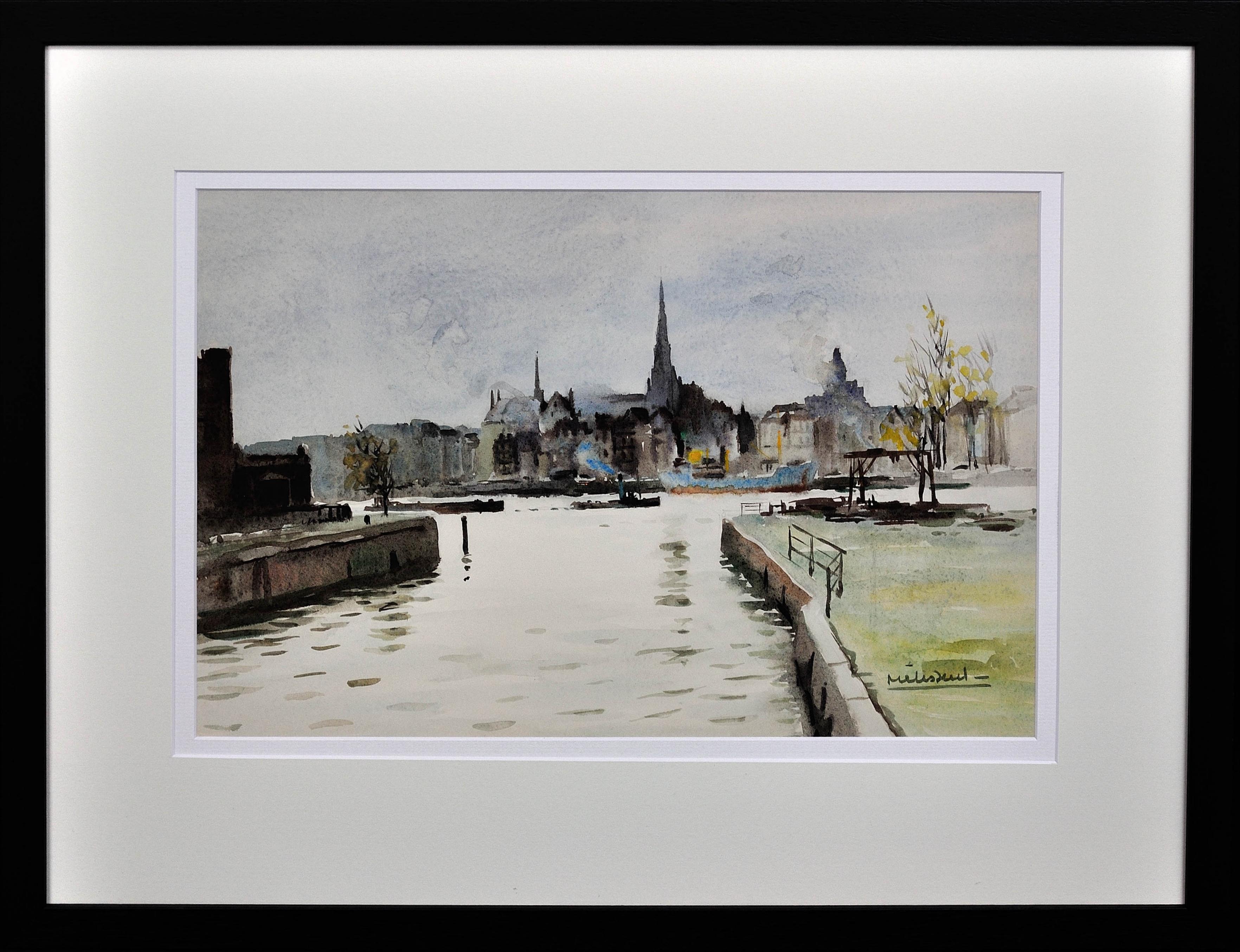 Landscape Art Maurice Raoul Melissent - The Maritime District, Rotterdam. 1950s. Docklands. Canaux. Church's. Aquarelle