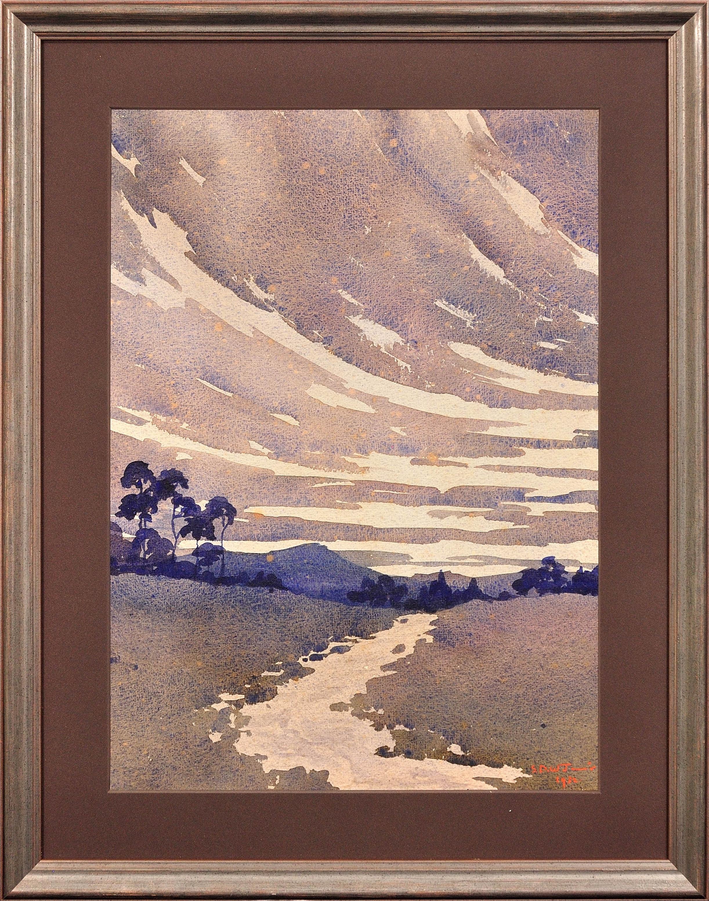 Landscape Art di Samuel Dennis Walley Timmins - Acquerello Art Deco Un ruscello che scorre nel paesaggio delle Marche gallesi