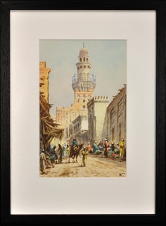 A Busy Cairo Street with Traders & Travellers, Egypt. American Orientalist.