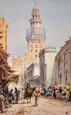 A Busy Cairo Street with Traders & Travellers, Egypt. American Orientalist.