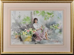 Fond Memories. Original Gordon King Watercolor. Modern British. Lady. Flowers.