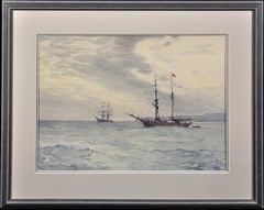 Norwegian Barques at Anchor, Lyme Bay. Victorian.Marine Art.Original Watercolor.