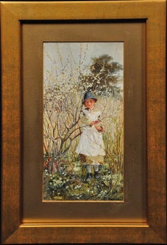 Young Child Picking Spring Blossom. Victorian West Country Original Watercolor.