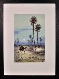 Sunrise at the Oasis. Camel Rider. Egypt. American Orientalist. Watercolor.