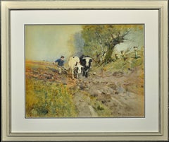 Beasts of Burden. Arable Farming. Field. Plough. Original Victorian Watercolor
