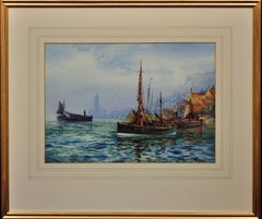 Visiting Fife Fishing Boat in Whitby Harbor. Yorkshire. Marine Watercolor.  