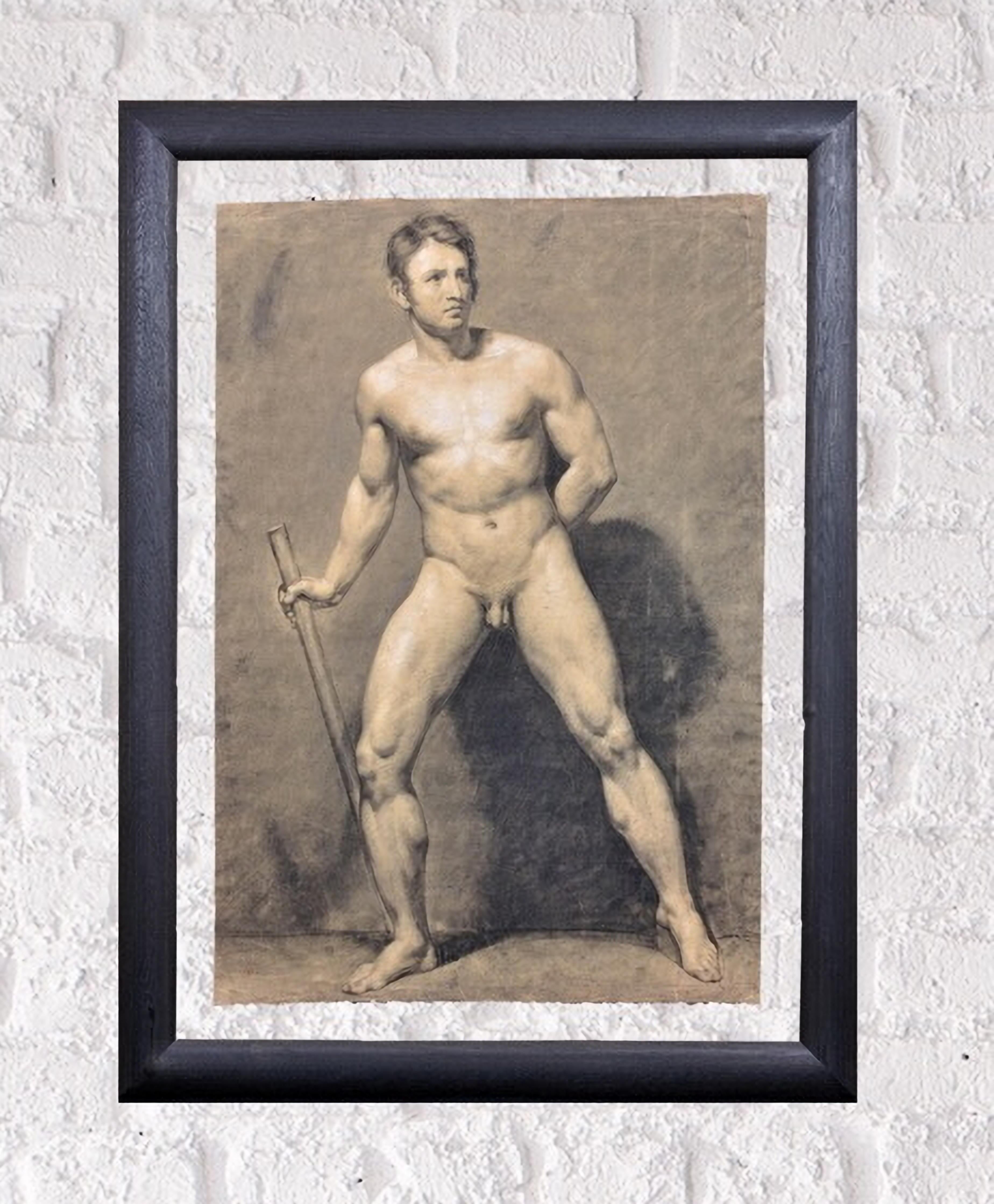 Biedermeier Period Academic Life Study Male Nude Carrying a Staff circa 1826.