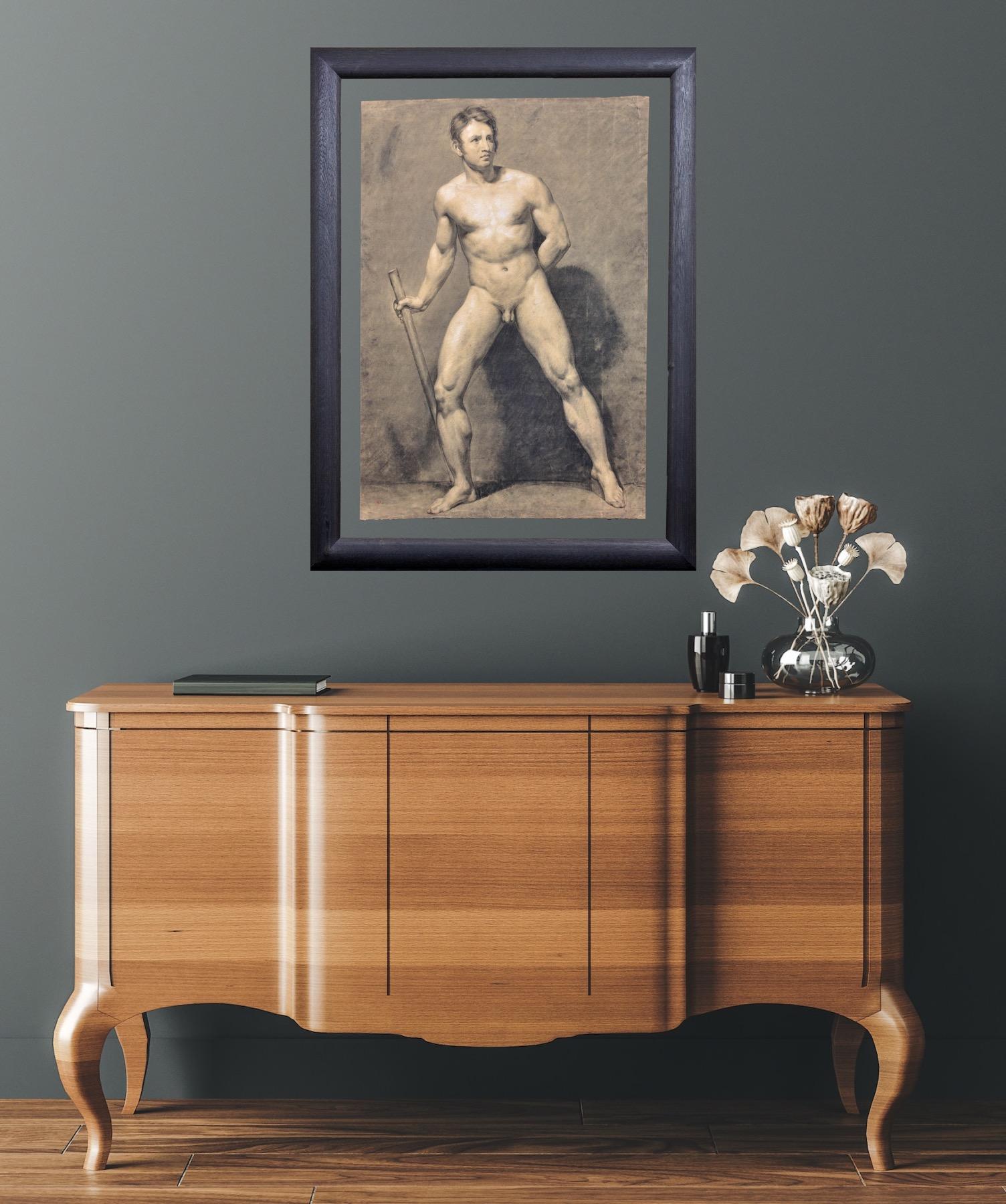 Biedermeier Period Academic Life Study Male Nude Carrying a Staff circa 1826. For Sale 10