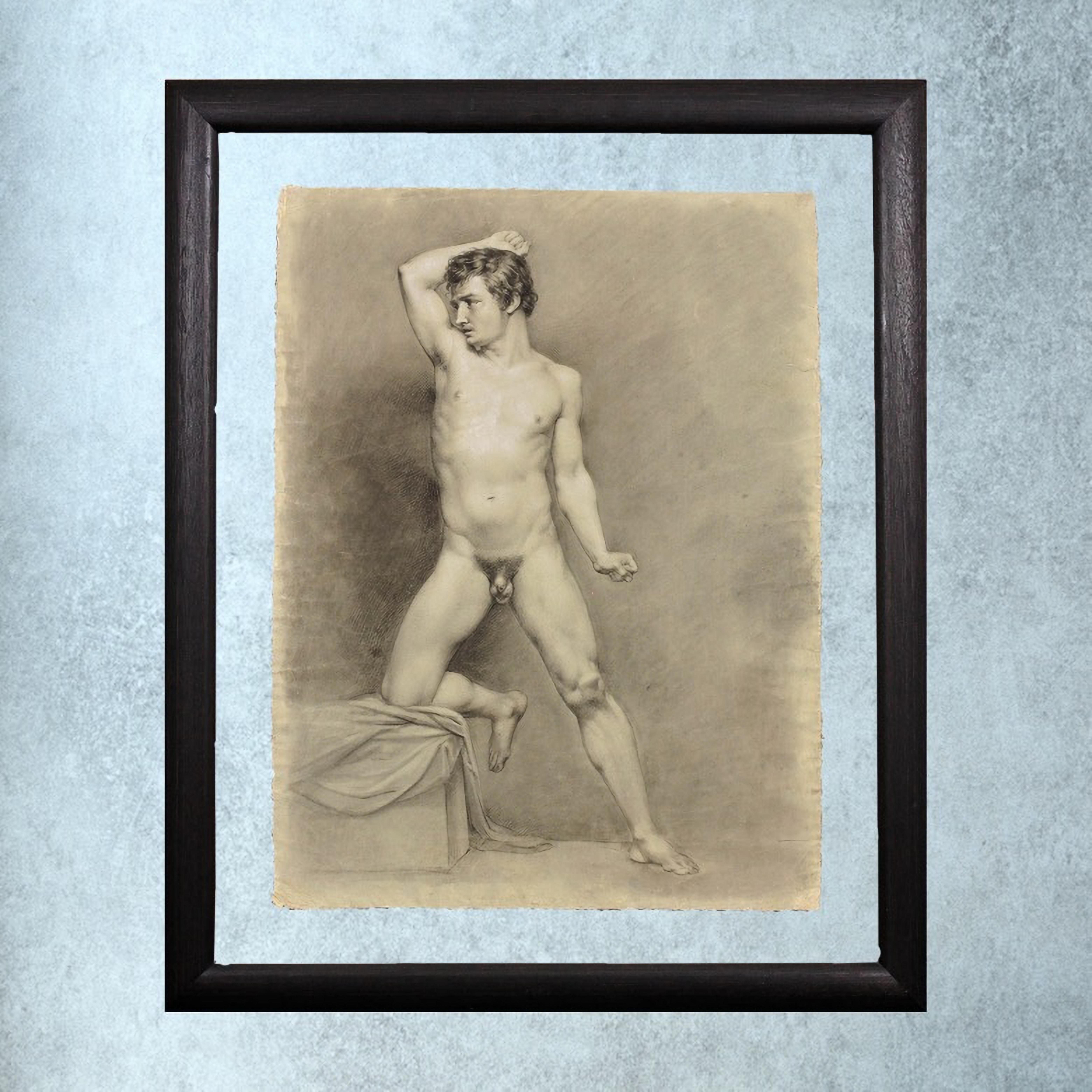 Nude Eduard Braun - Étude de vie académique de la période Biedermeier Nu masculin à demi agenouillé Pose circa 1826