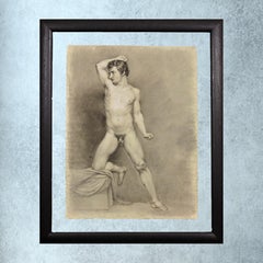 Vintage Biedermeier Period Academic Life Study Male Nude Half Kneeling Pose circa 1826