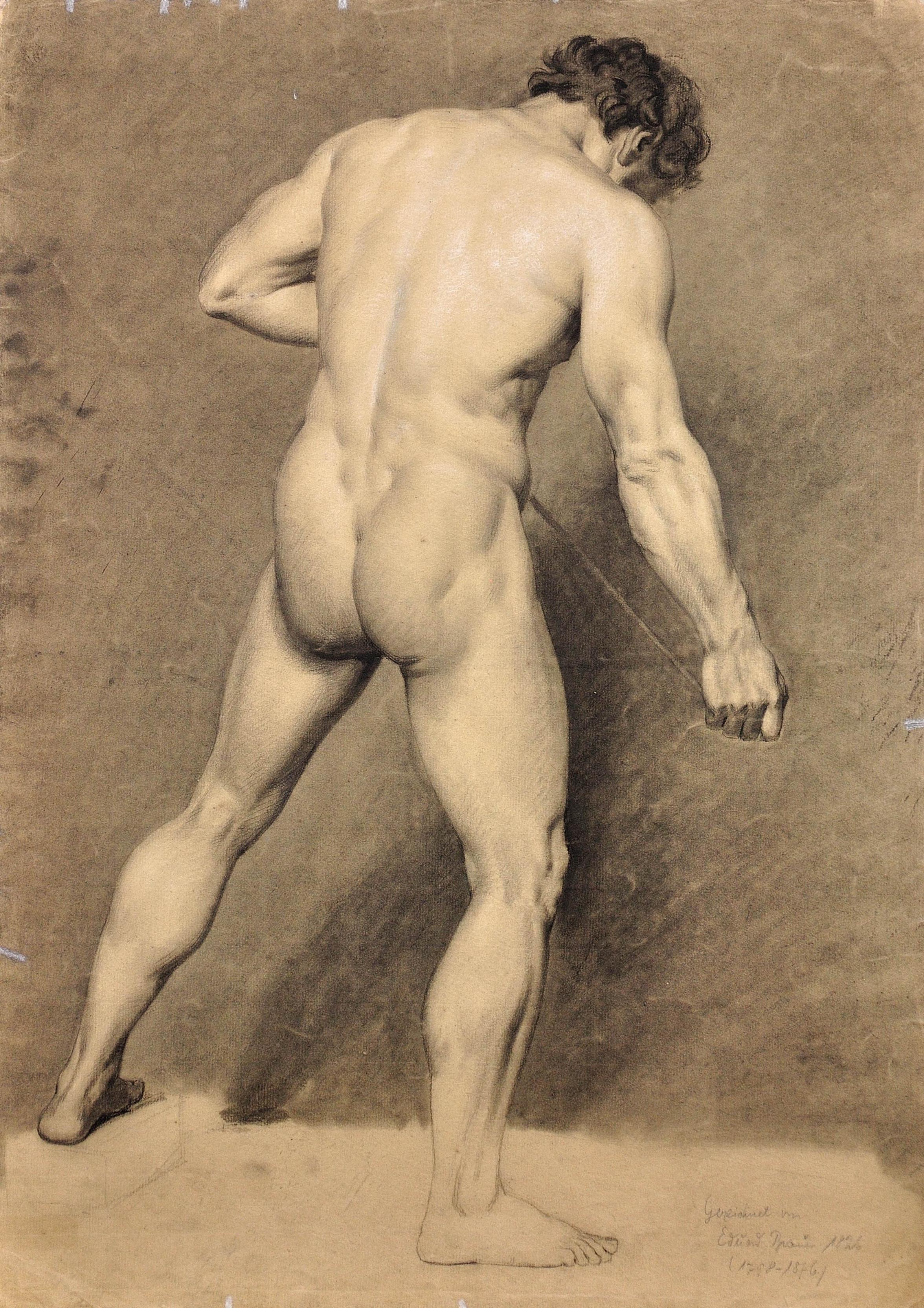 Academic Life Studies of Male Nudes. Double Sided Rear View and Arms Aloft Pose For Sale 1