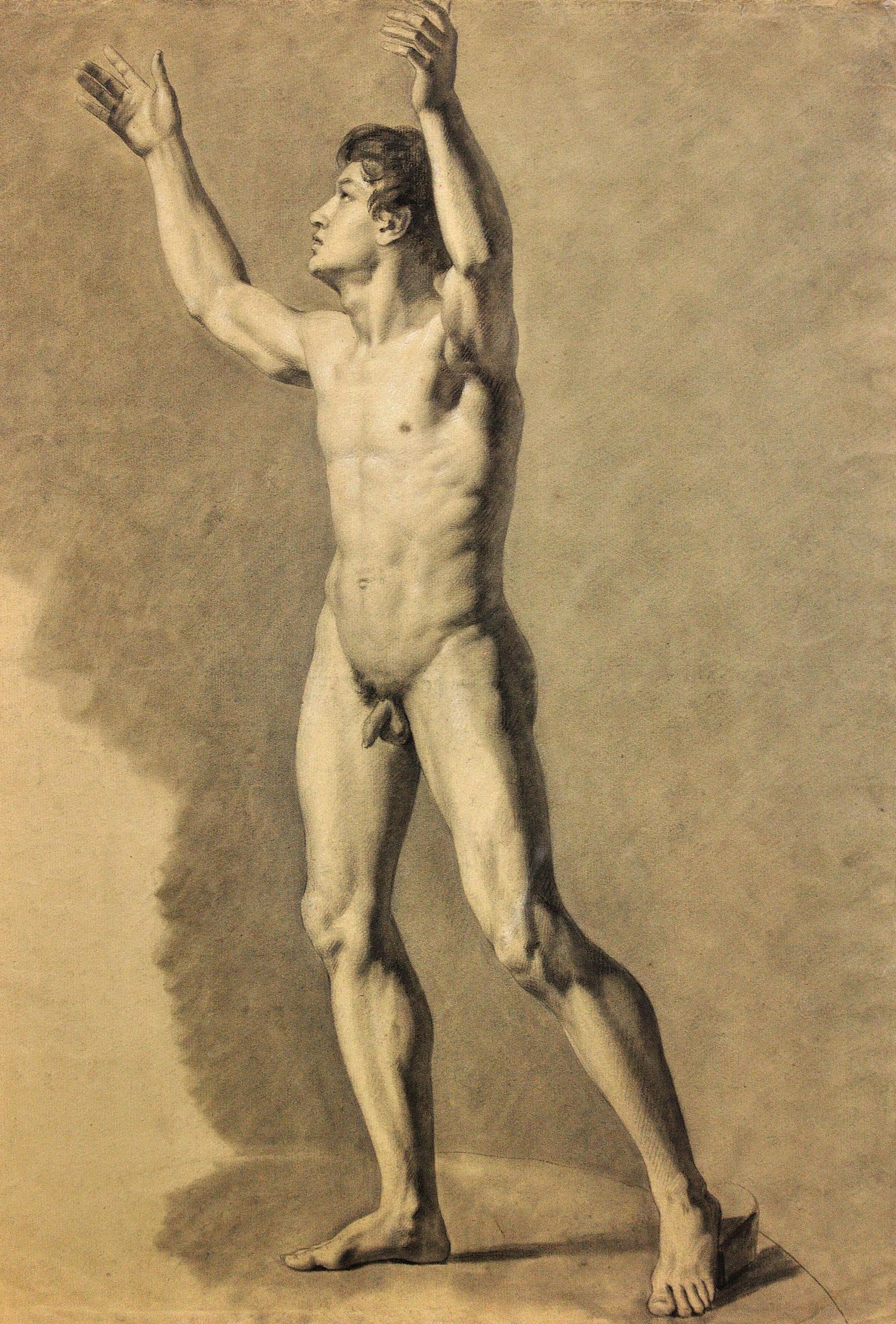 Academic Life Studies of Male Nudes. Double Sided Rear View and Arms Aloft Pose For Sale 2