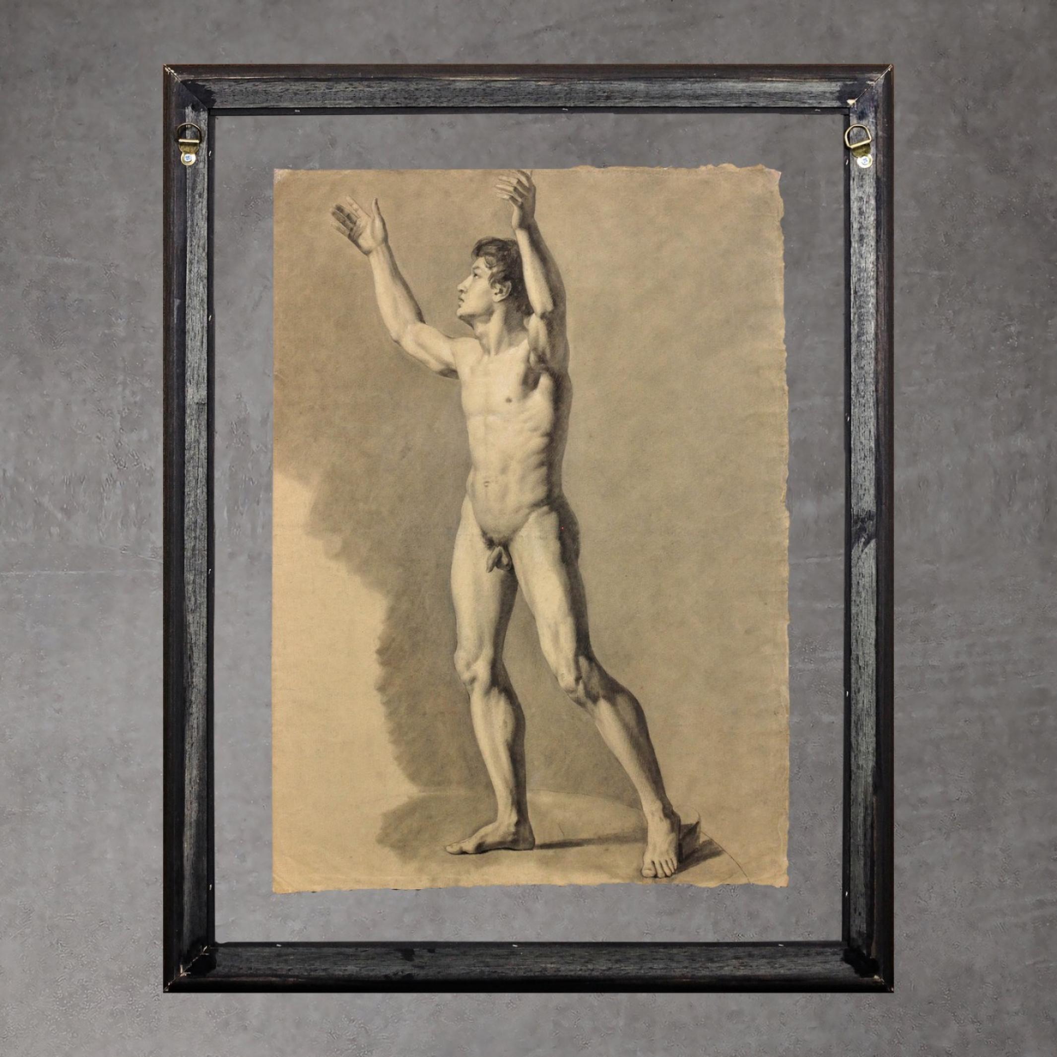 Eduard Braun.
German ( b.1798 - d.1876 ).
Academic Life Study of a Male Nude Rear View Holding a Cane
on the reverse Academic Life Study of a Male Nude Arms Aloft Pose
Pencil and Charcoal on Paper with Heightening on paper.
Paper size 23 inches x