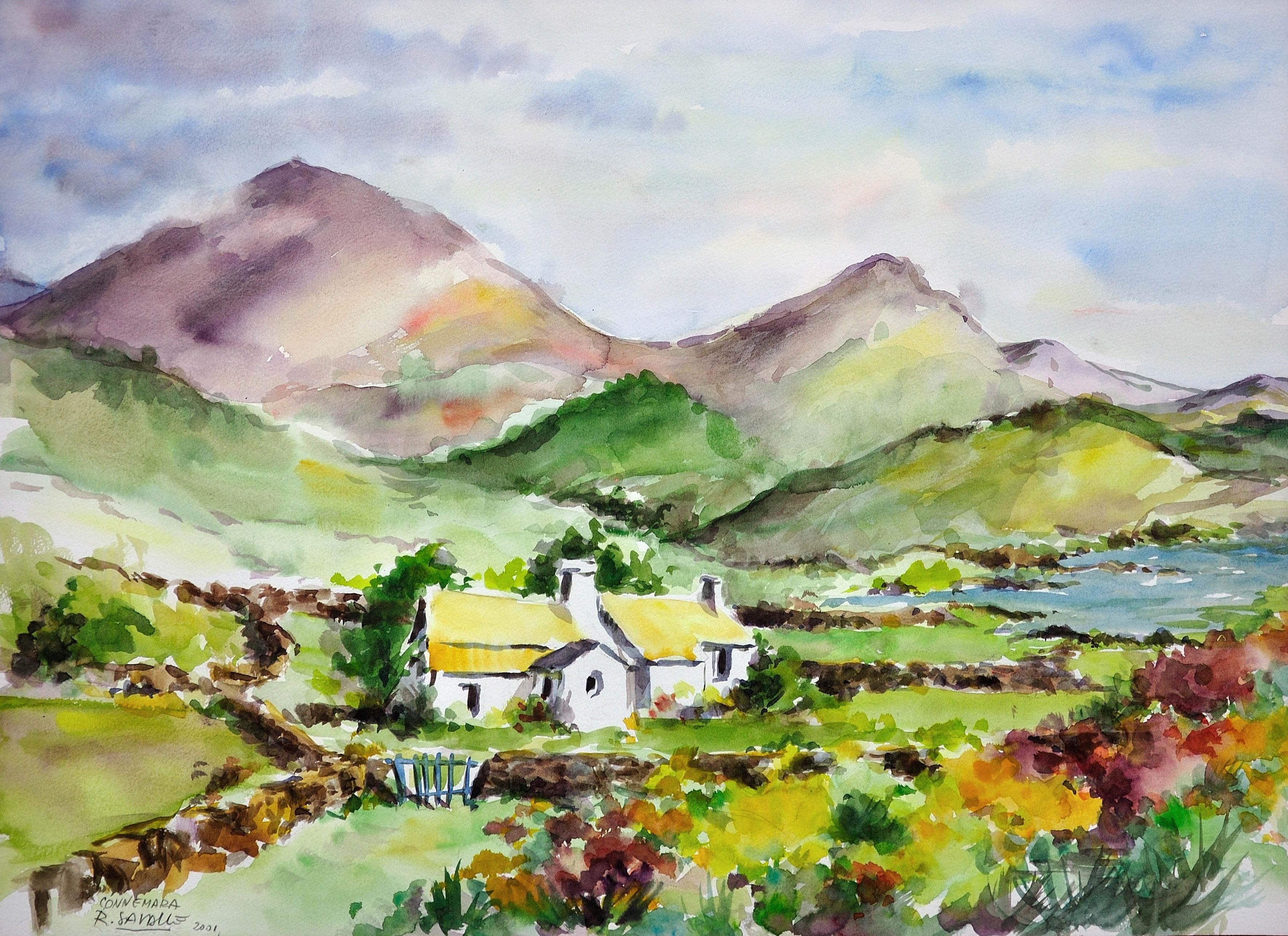 Connemara in Ireland Eire. White Cottage.Homestead.Mountains. Hibernian. Celtic. - Art by R. Savalle