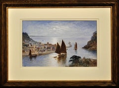 Antique Looe Town & Harbor, Cornwall. Luggers Under Sail. Early Morning. Circa 1860.