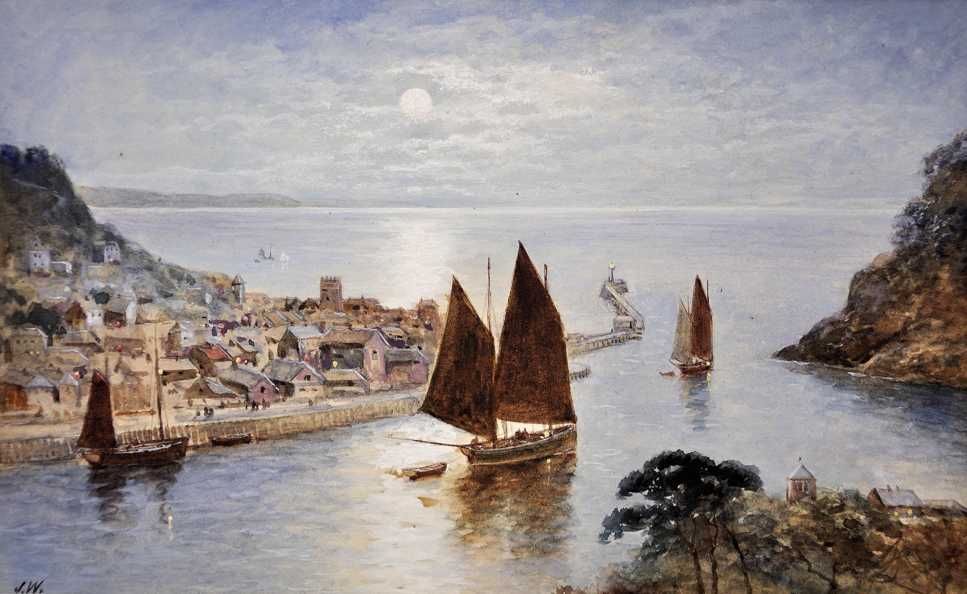 Looe Town & Harbor, Cornwall. Luggers Under Sail. Early Morning. Circa 1860. - Art by J. Wilson