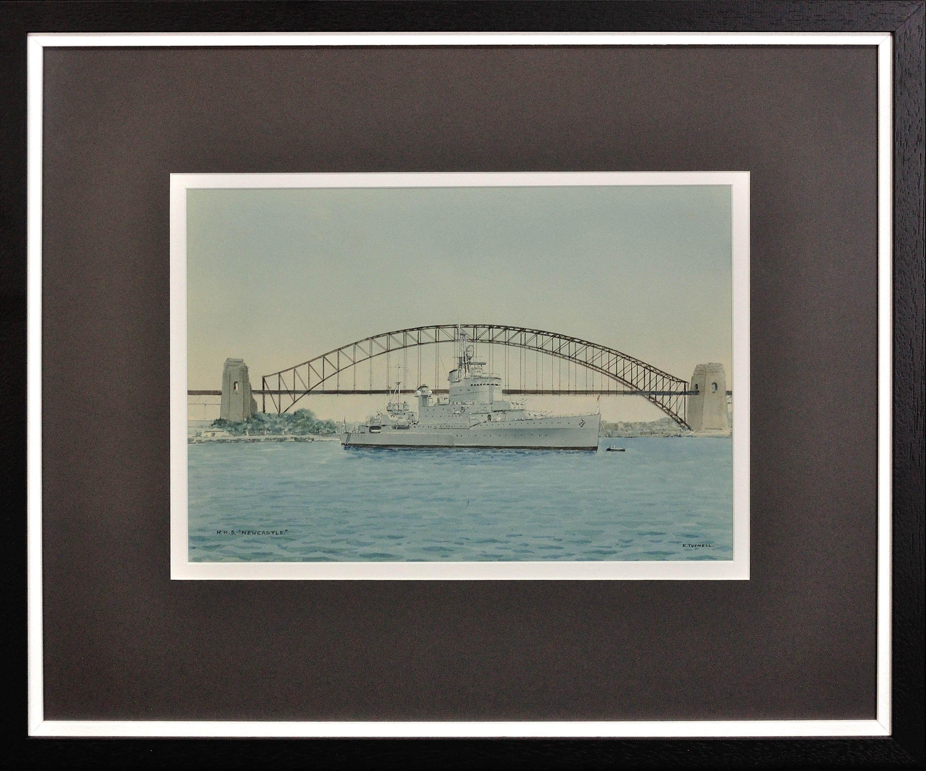 Eric Erskine Campbell Tufnell Landscape Art - HMS Newcastle. In Sydney Harbor. December 1956 Melbourne Olympics. Royal Navy.