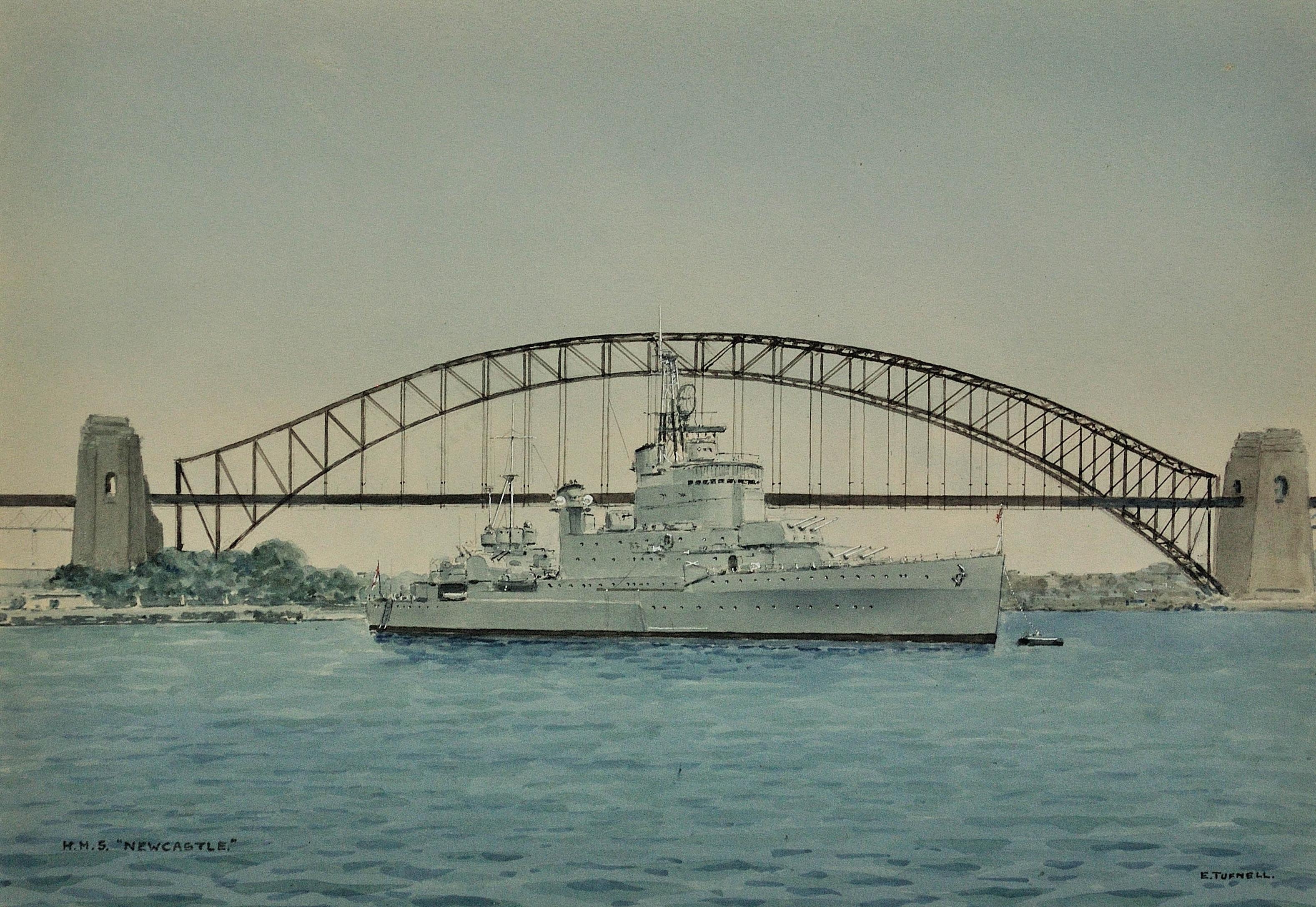 HMS Newcastle. In Sydney Harbor. December 1956 Melbourne Olympics. Royal Navy. - Art by Eric Erskine Campbell Tufnell