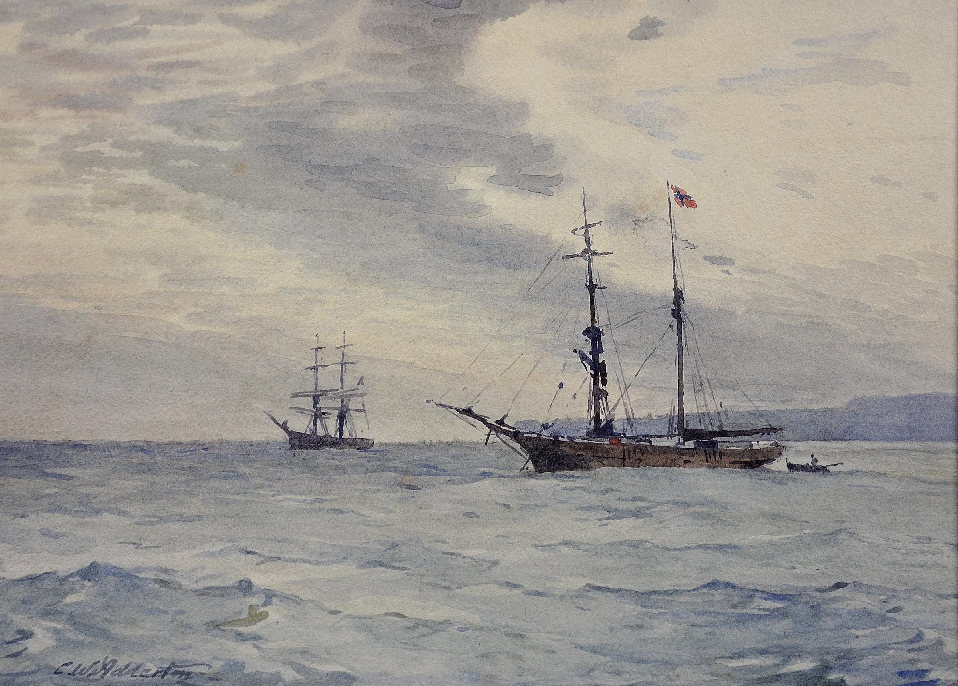 Charles William Adderton. 
English ( b.1866 - d.1944 ).
Norwegian barques at anchor, Lyme Bay, English Channel.
Watercolor. Signed.
Image size 10.6 inches x 14.4 inches ( 27cm x 36.5cm ).
Frame size 16.6 inches x 20.1 inches ( 42cm x 51cm