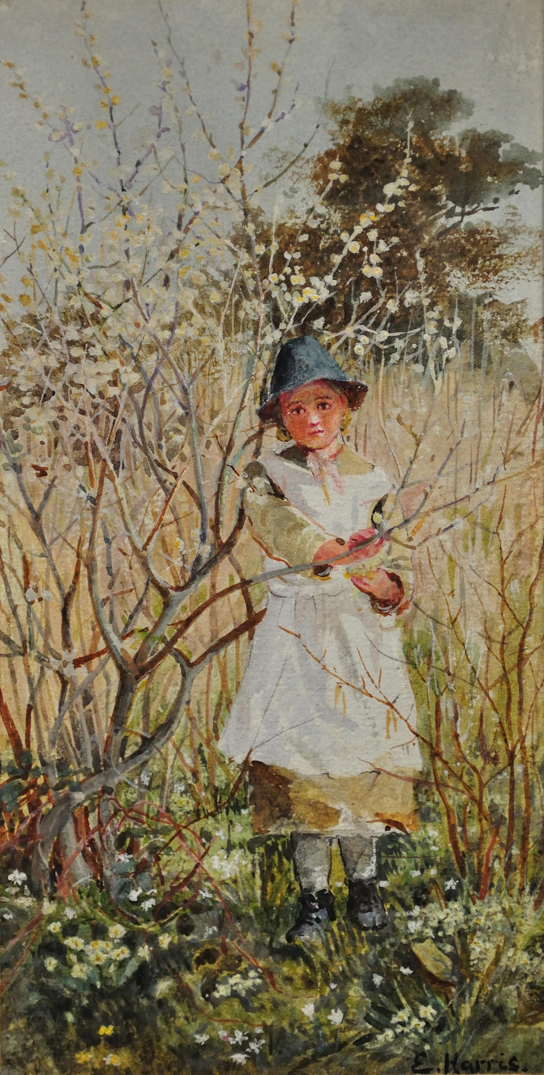 Junges Kind pflückt Frühlingsblumen. Viktorianisches Original-Aquarell im Westen des Landes. – Art von Edwin Harris