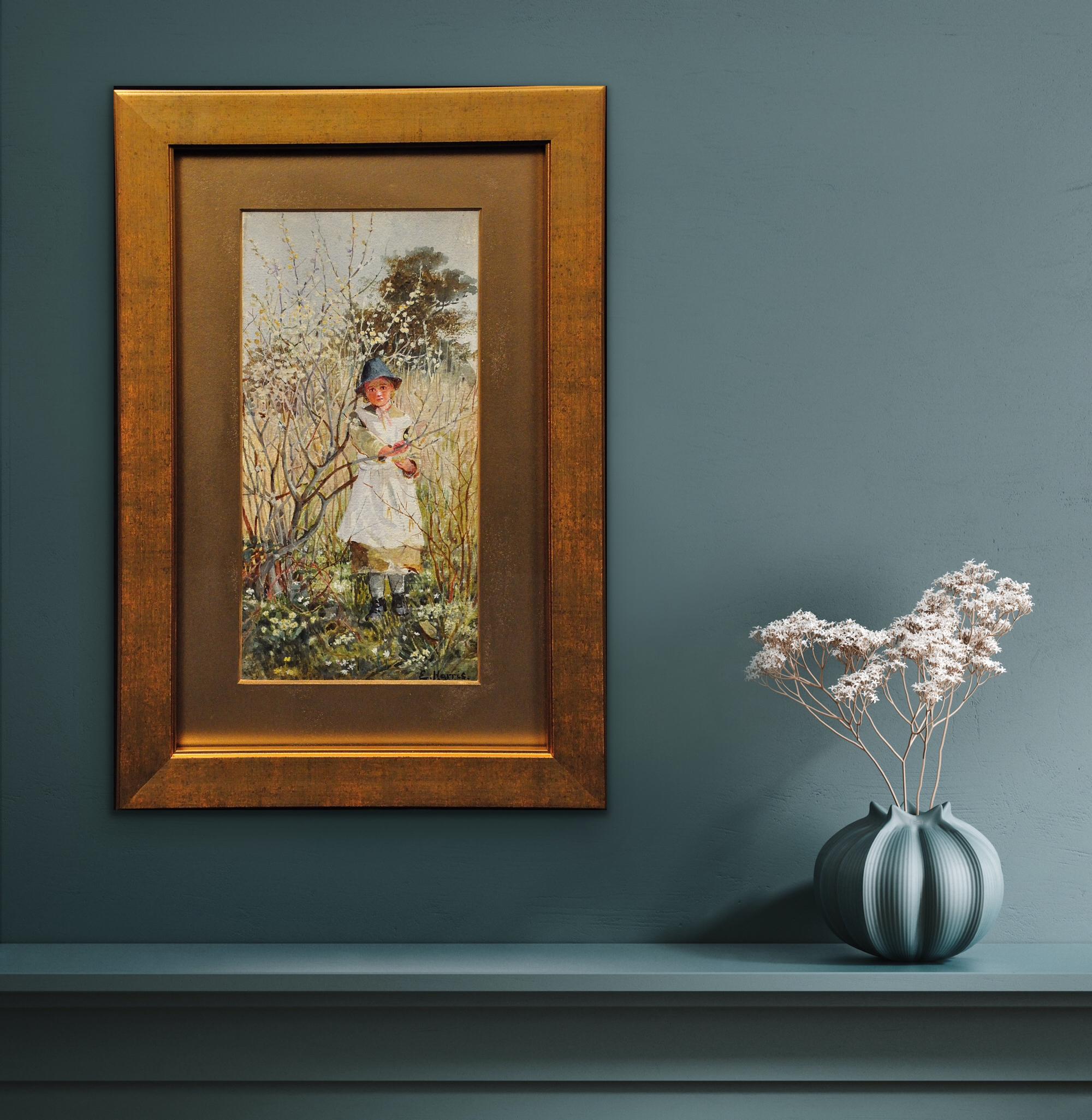 Young Child Picking Spring Blossom. Victorian West Country Original Watercolor. For Sale 8