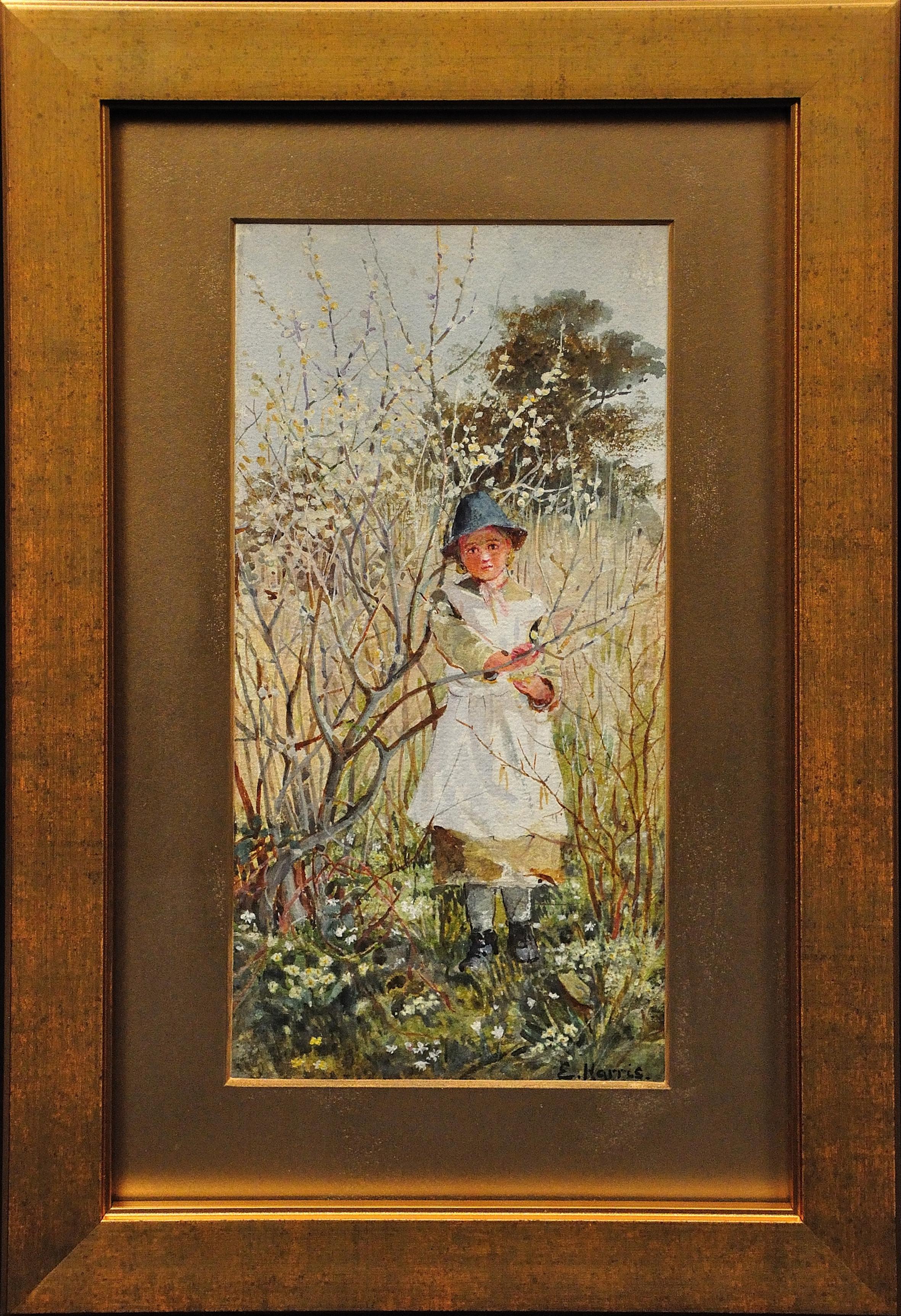 Edwin Harris Figurative Art – Junges Kind pflückt Frühlingsblumen. Viktorianisches Original-Aquarell im Westen des Landes.