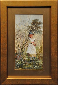 Junges Kind pflückt Frühlingsblumen. Viktorianisches Original-Aquarell im Westen des Landes.