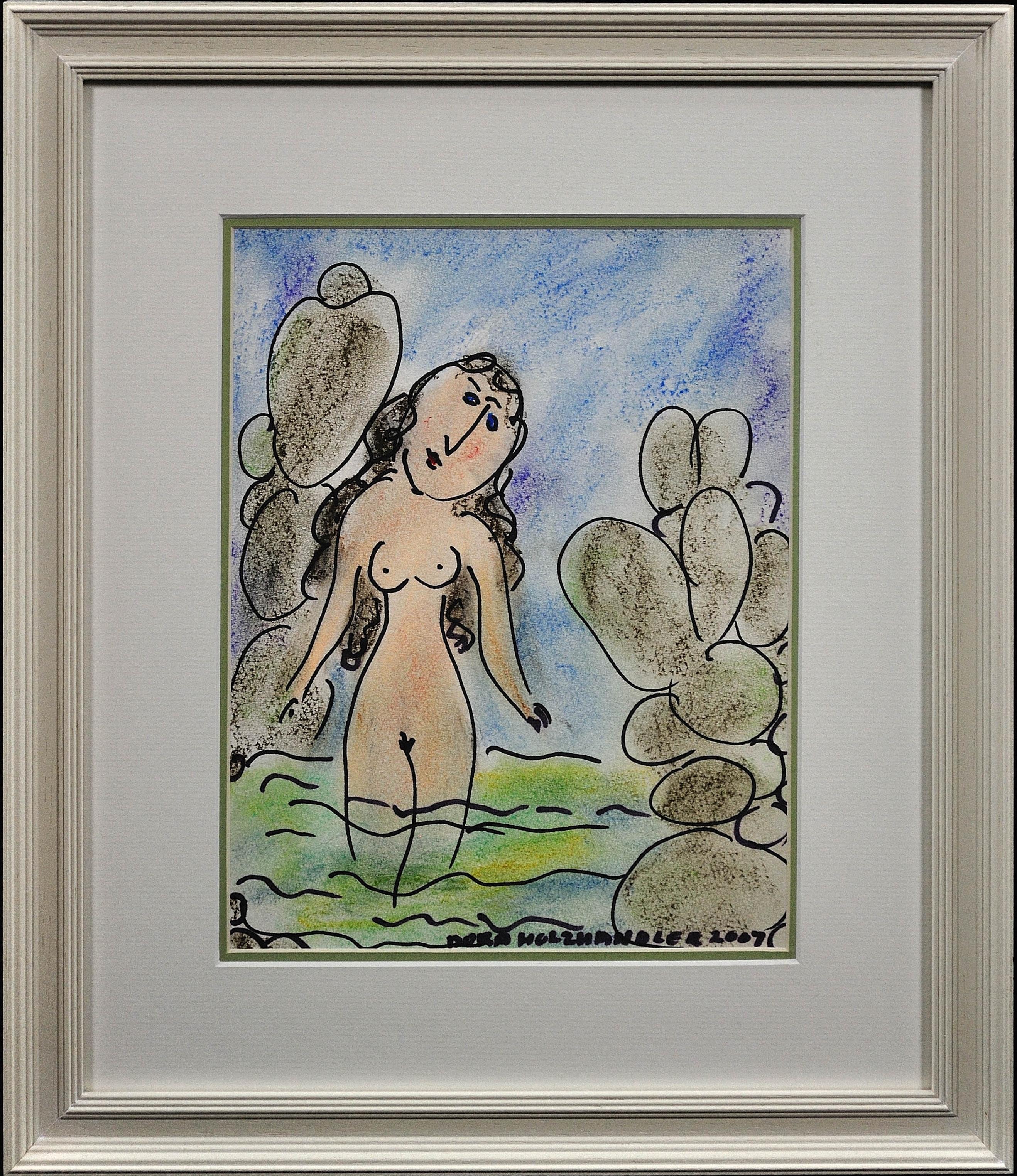 Dora Holzhandler. 
Lady in the Sea.
French - British ( b.1928 - d.2015 ).
Pastel and Felt Pen on Paper.
Signed & dated 2007 lower right.
Image size 10.8 inches x 8.3 inches ( 27.5cm x 21cm ).
Frame size 17.7 inches x 15.2 inches ( 45cm x 38.5cm