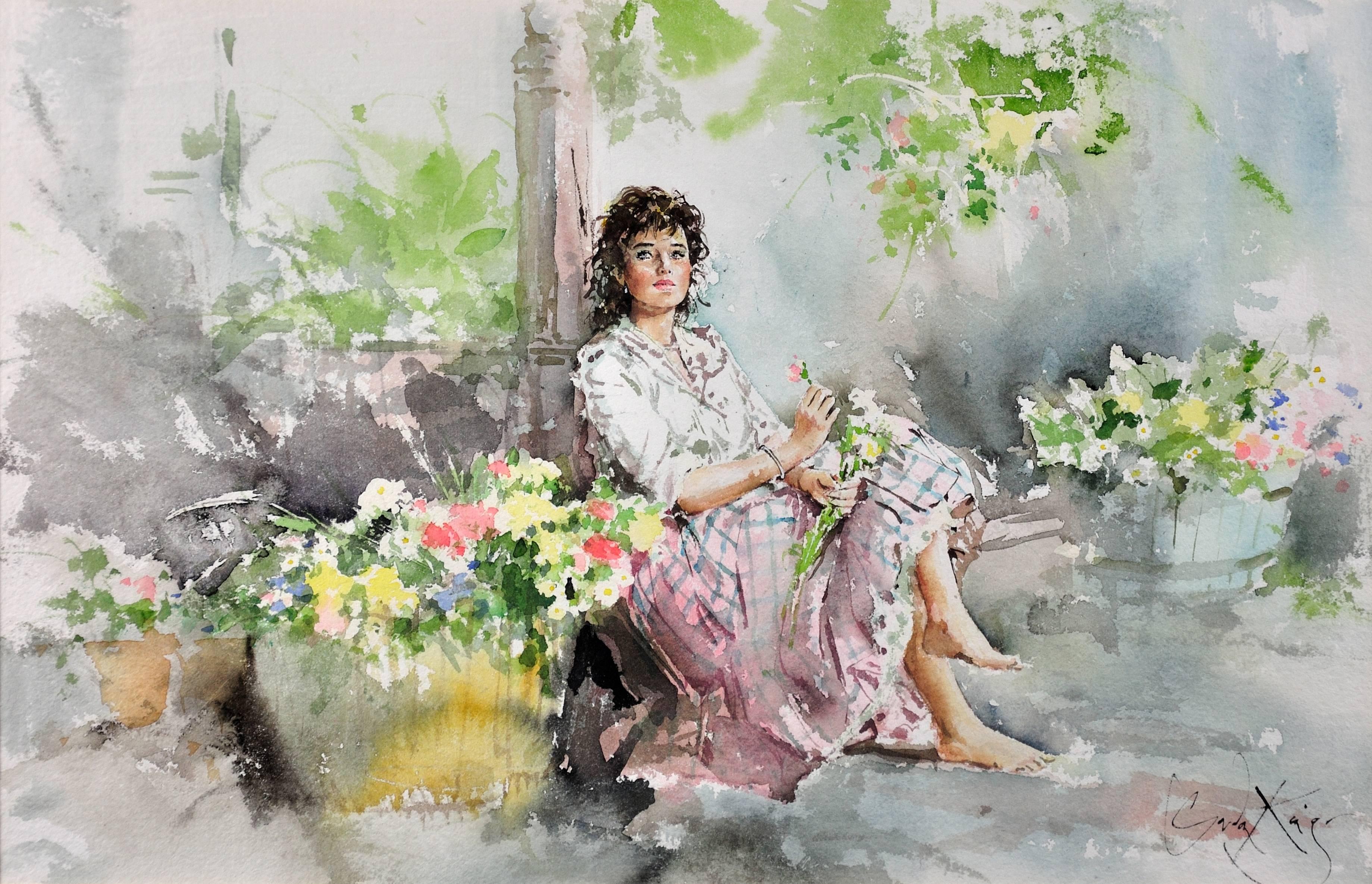 Gordon King. 
English ( b.1939 ).
Fond Memories.
Watercolor. Signed.
Image size 13.6 inches x 21 inches ( 34.5cm x 53.5cm ).
Frame size 22.4 inches x 29.9 inches ( 57cm x 76cm ).

Available for sale is this original painting by Gordon King. It is