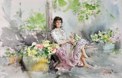 Fond Memory Framed Original Watercolor Painting Flower Seller Modern British Art