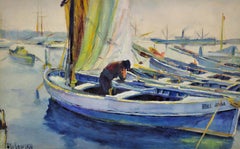 La Port De Cannes Costa Azzurra Acquerello originale incorniciato