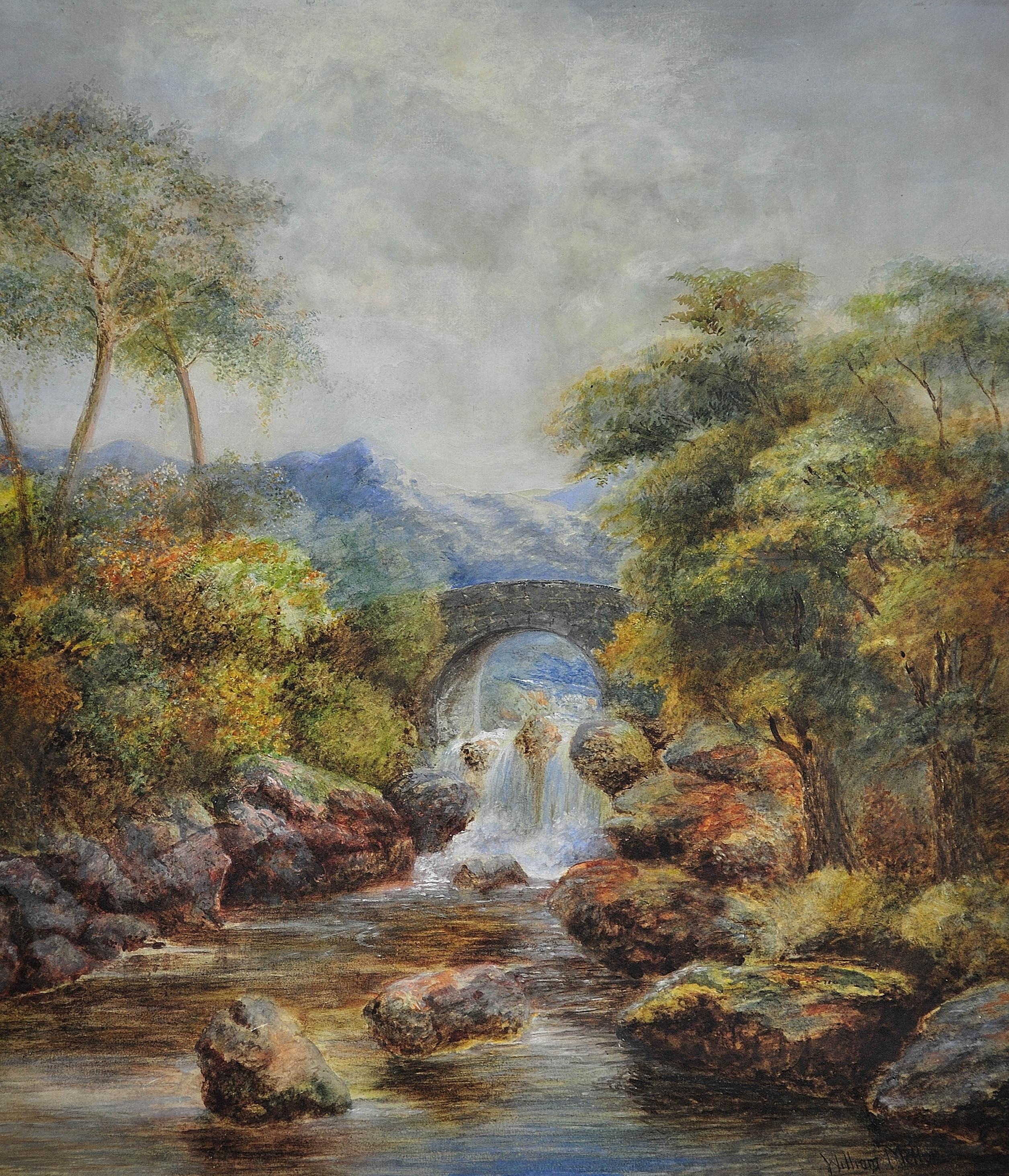 Waterfall & Stone Bridge on the River Llugwy, near Capel Curig. Victorian Wales - Art by William Mellor