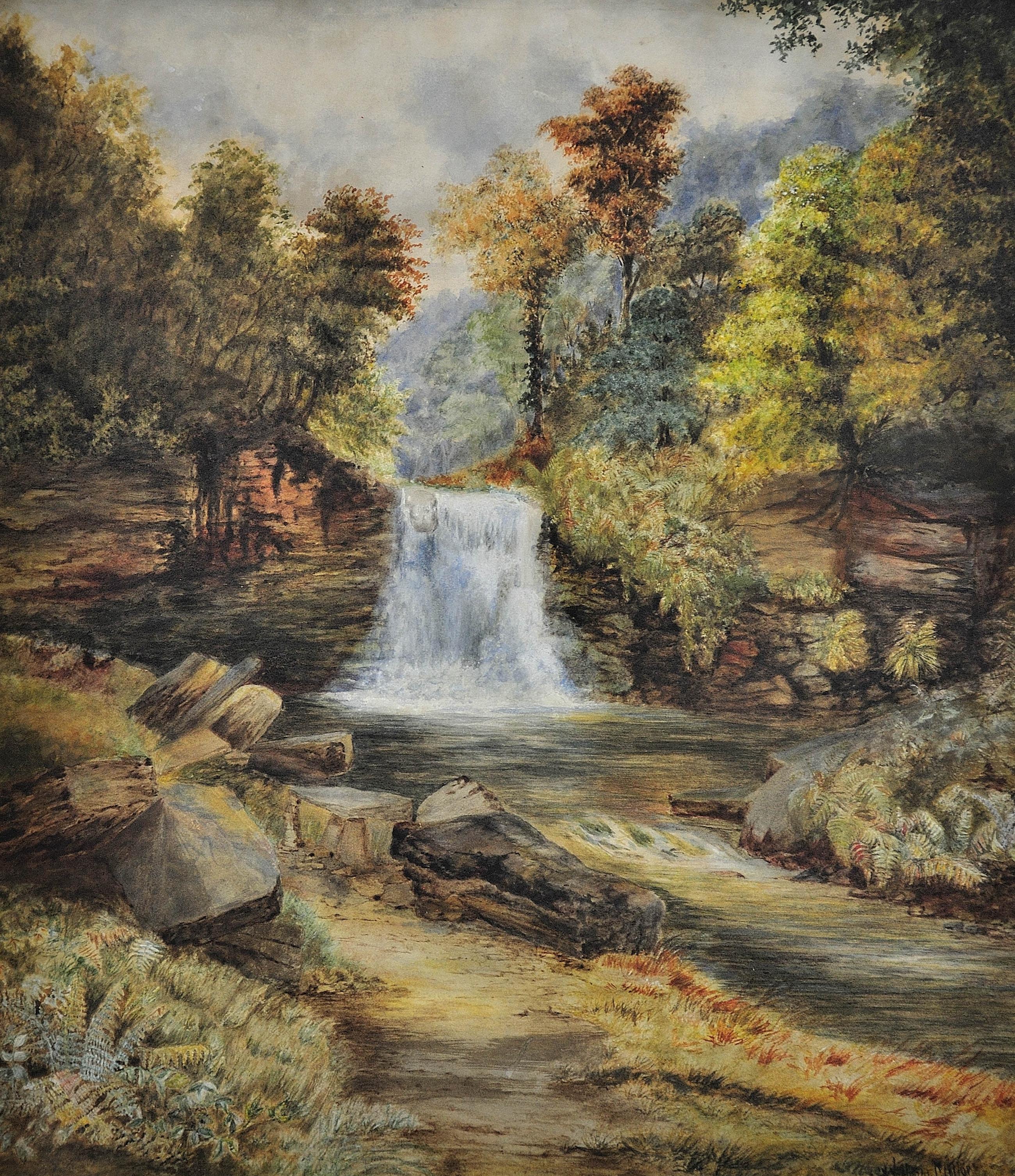 Waterfall on the River Llugwy near Betws-y-Coed. Victorian Wales. Watercolor. - Art by William Mellor