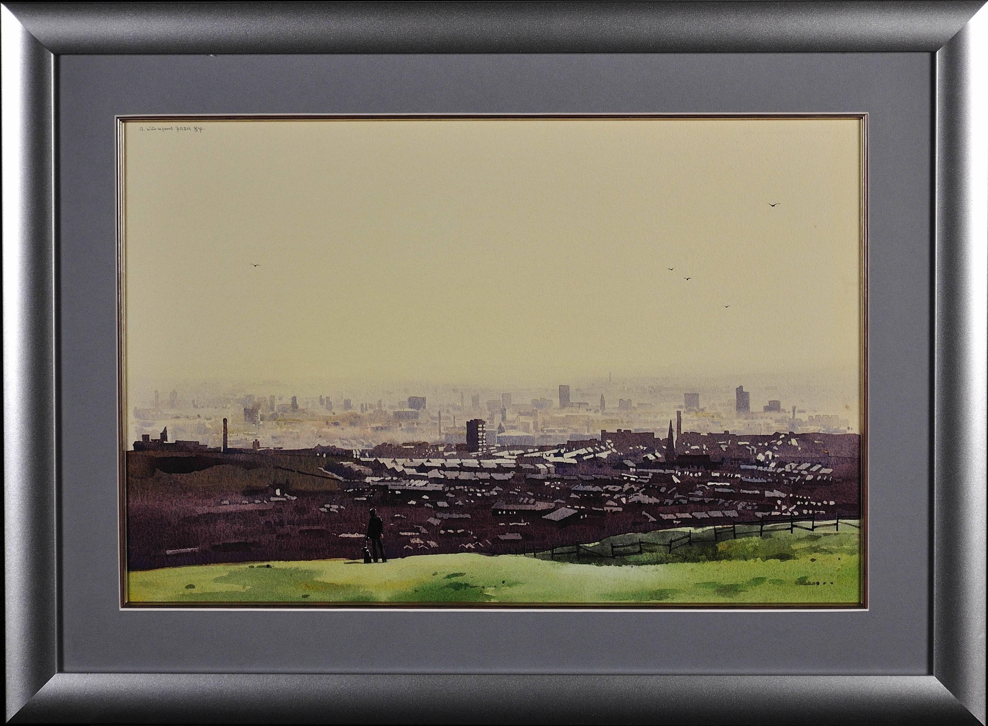 Robert Littleford Landscape Art - Oldham from the Surrounding Hills. Original Framed Landscape Watercolor . City