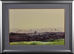 Vintage Oldham from the Surrounding Hills. Original Framed Landscape Watercolor . City
