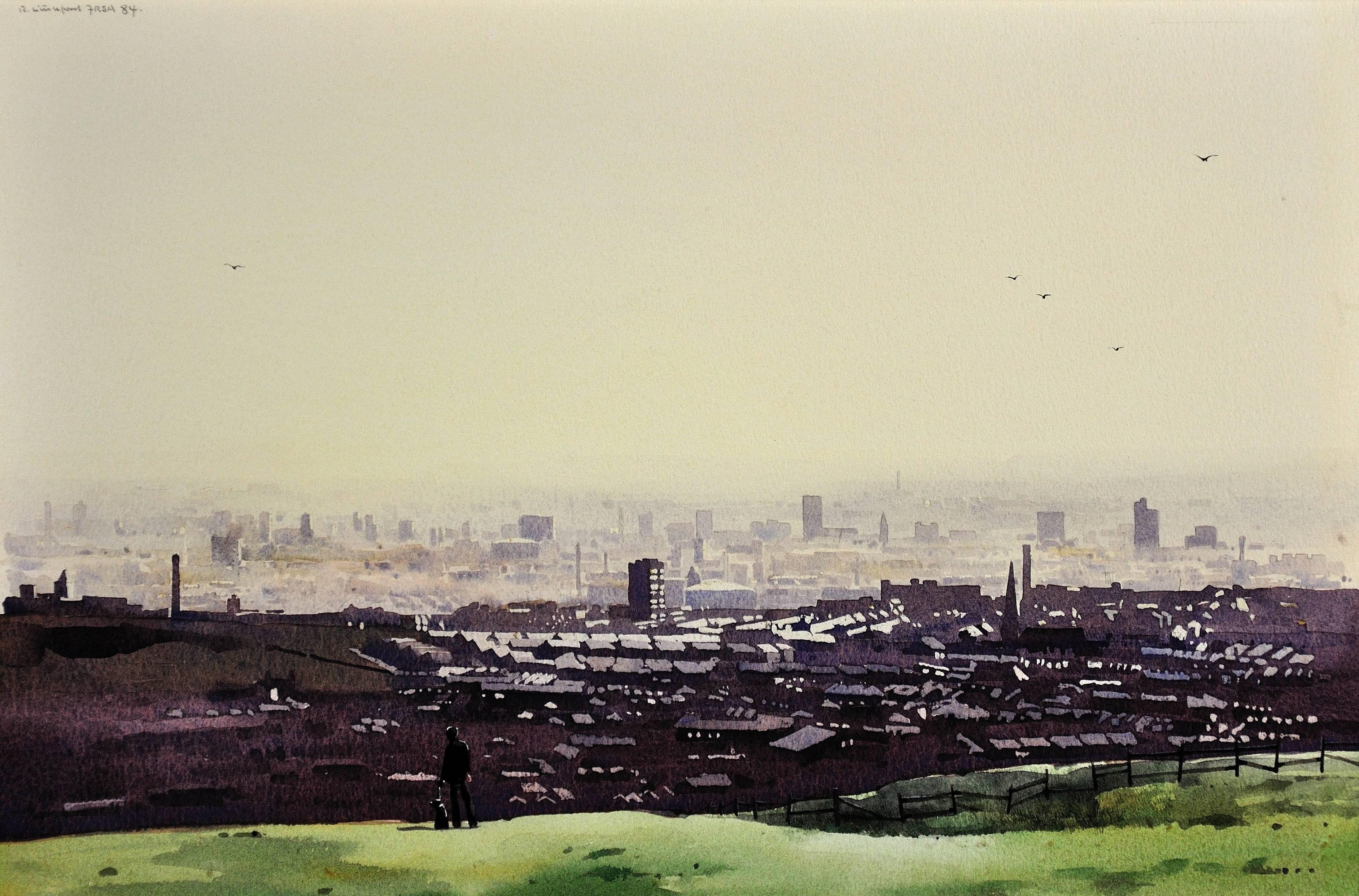 Oldham from the Surrounding Hills. Original Framed Landscape Watercolor . City - Art by Robert Littleford