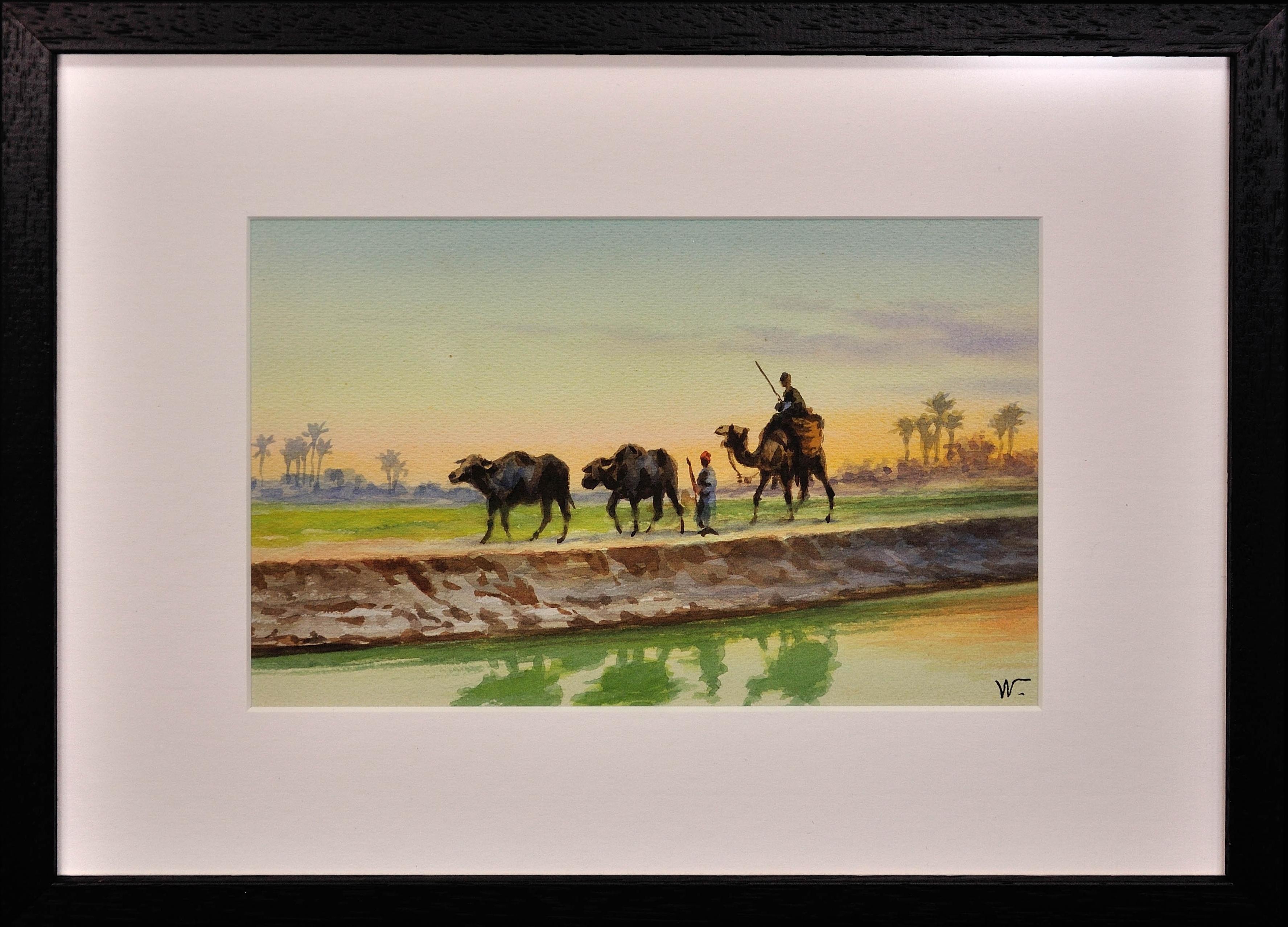 Egyptian Buffalo and Farmers. Camel Rider. Egypt.American Orientalist.Watercolor