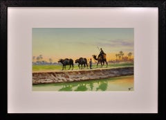 Egyptian Buffalo and Farmers. Camel Rider. Egypt.American Orientalist.Watercolor