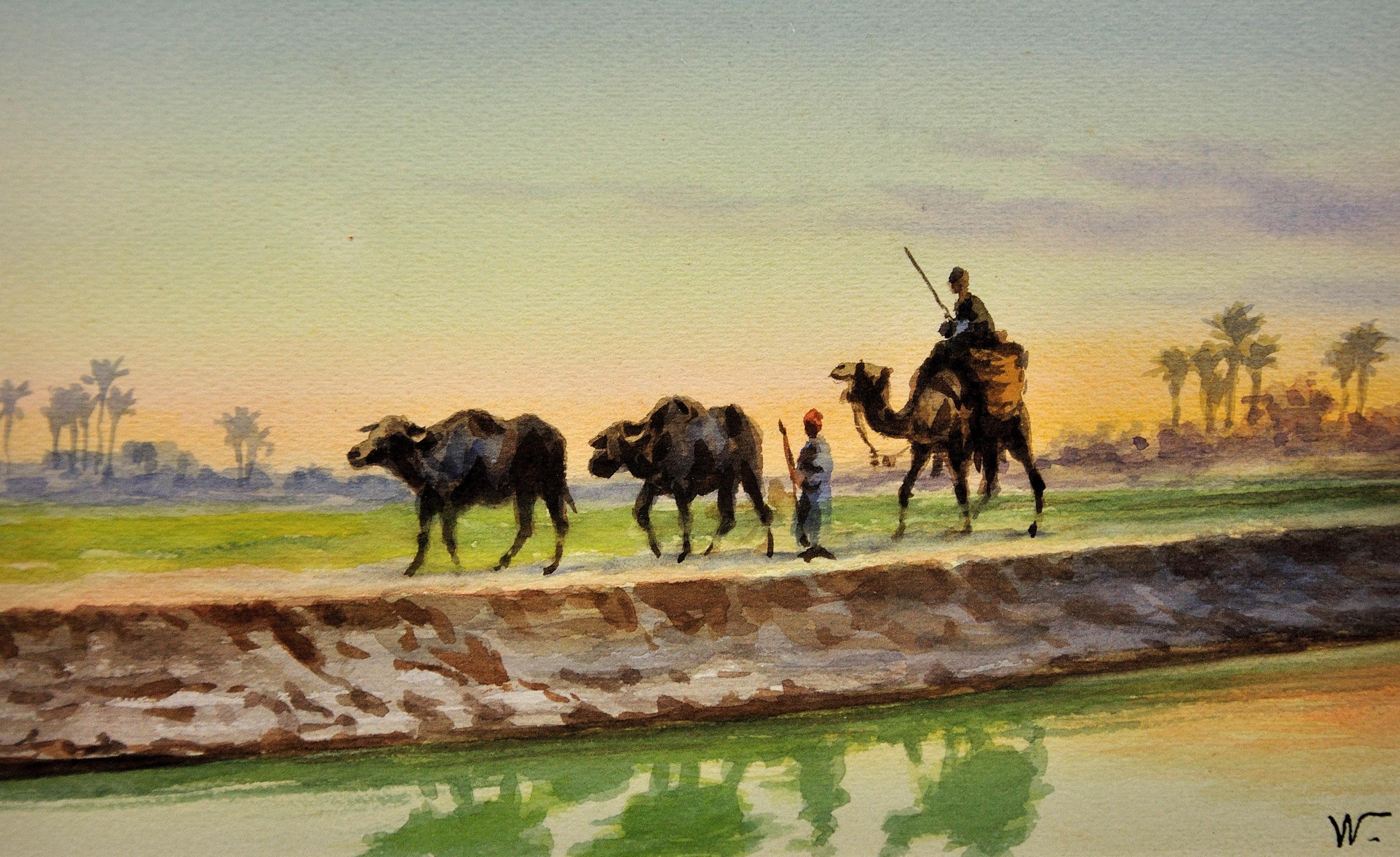Egyptian Buffalo and Farmers. Camel Rider. Egypt.American Orientalist.Watercolor - Art by Edwin Lord Weeks