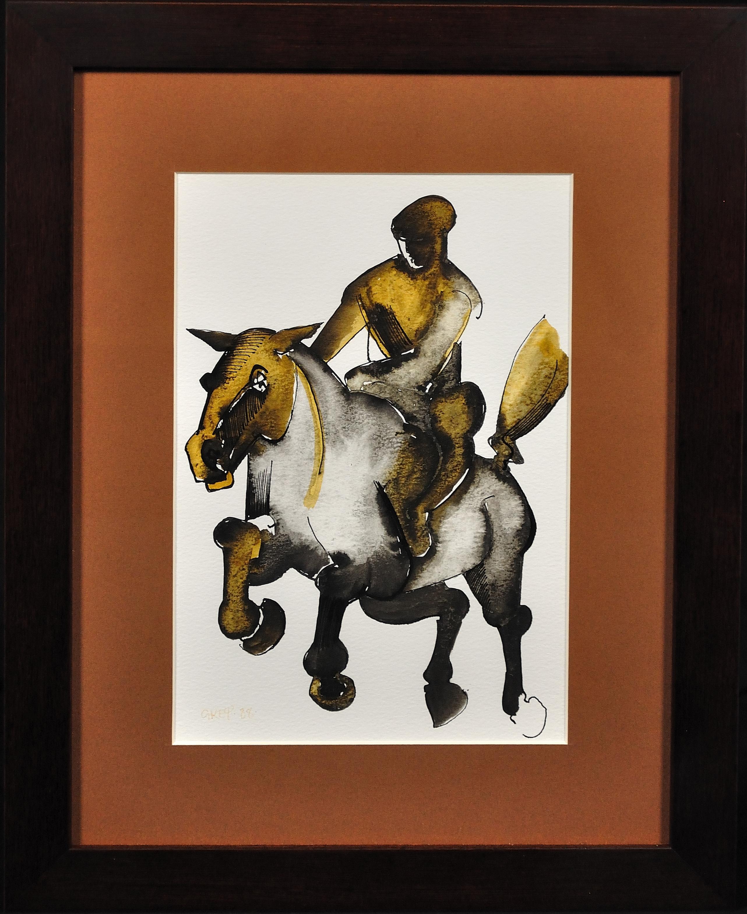 Pferd und Reiter. Original-Aquarell "Schlüssel" von Geoffrey Key, 1988, modern, britischer Reiter.