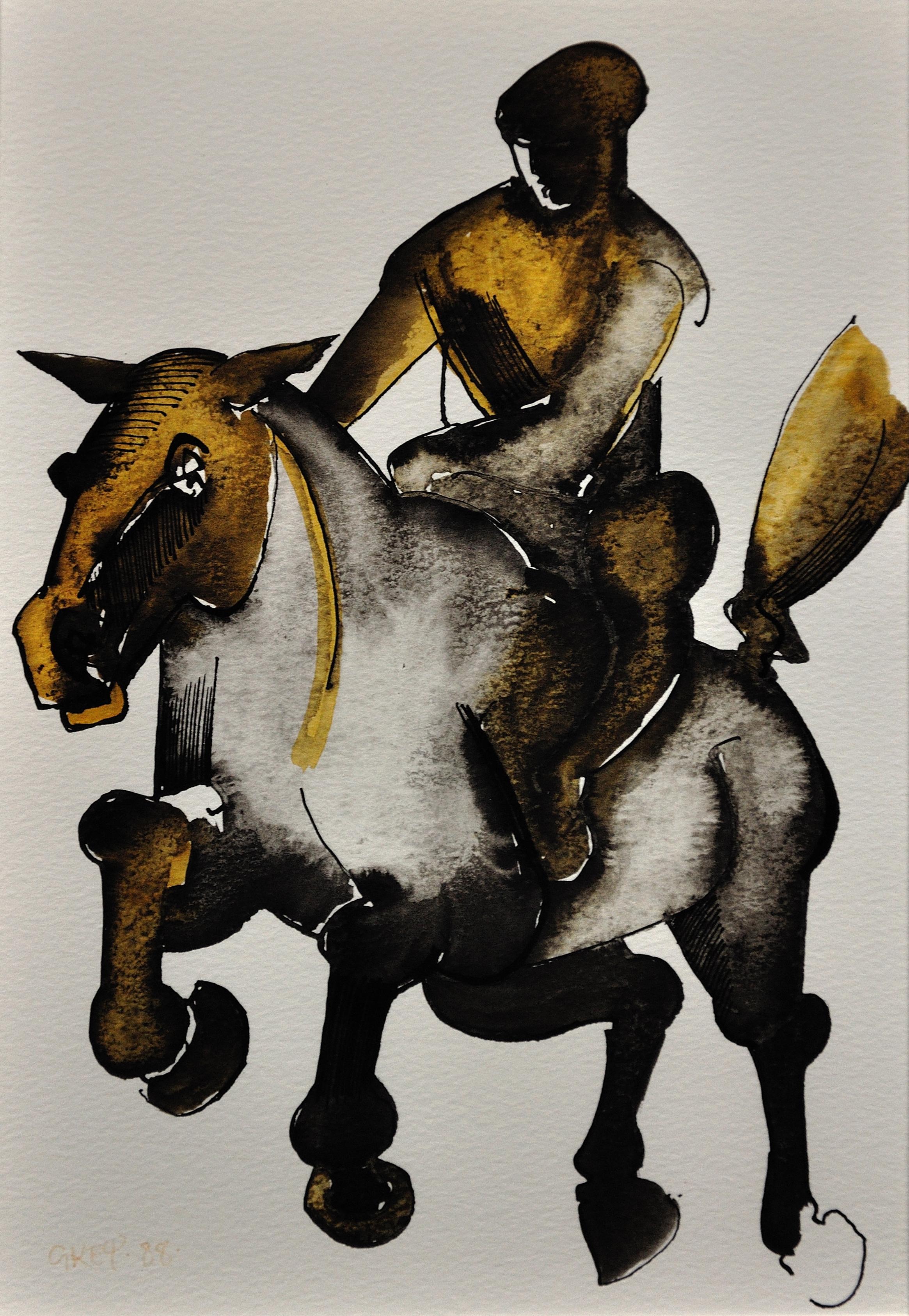 Geoffrey Key. 
English ( b.1941 ).
Horse and Rider I, 1988.
Ink and Watercolor Wash. Signed & Dated.
Image size 10 inches x 6.7 inches ( 25.5cm x 17cm ).
Frame size 16.1 inches x 12.6 inches ( 41cm x 32cm ).

Available for sale is this original
