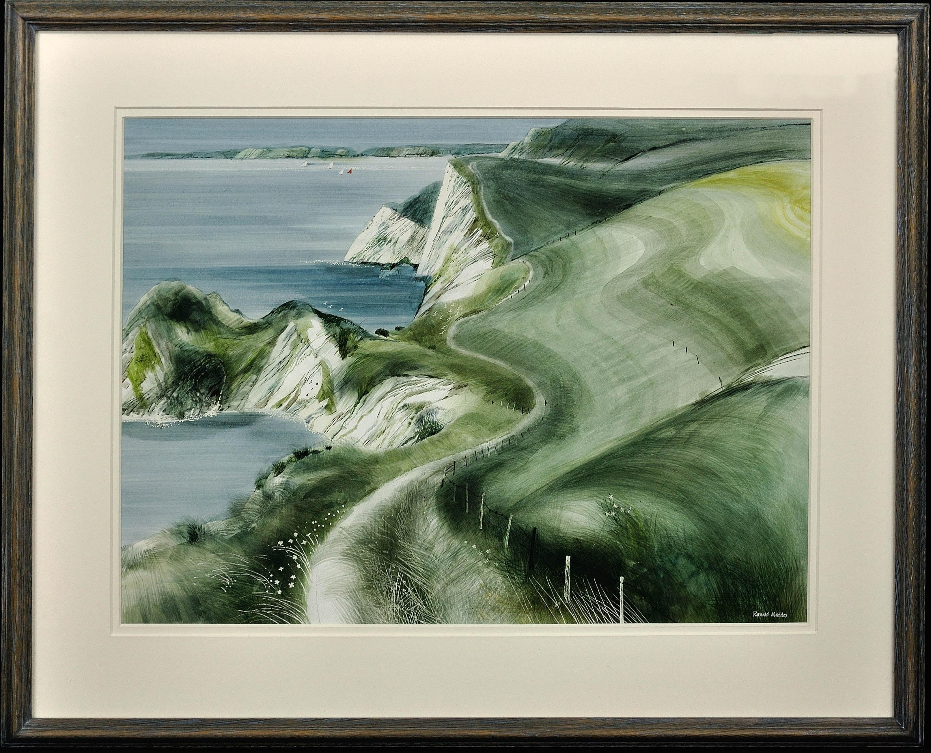 Landscape Art Ronald Maddox - Le chemin de voûte de la côte sud-ouest regardant vers l'extérieur, tête de bélière Dorset Coastline