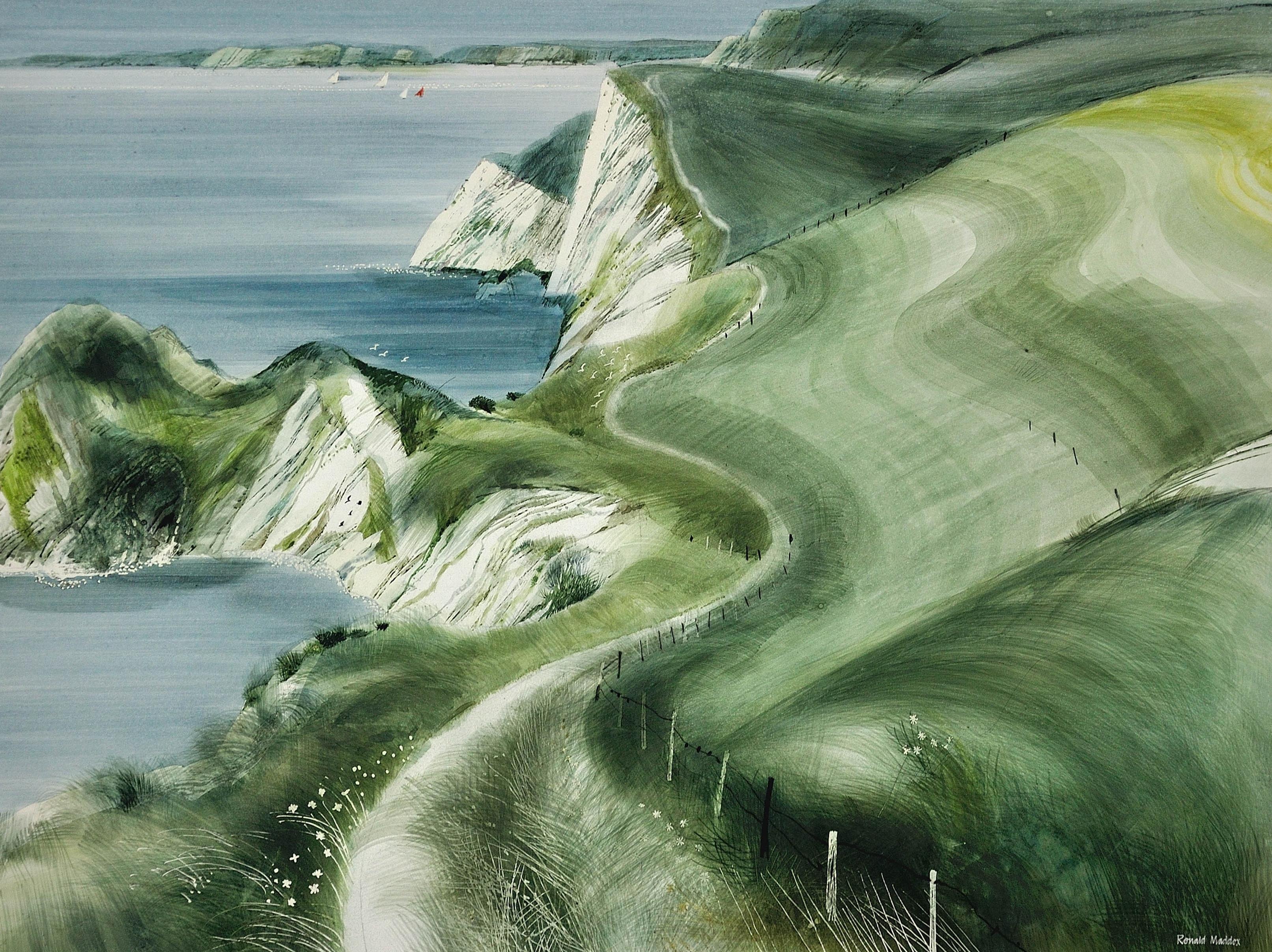 Le chemin de voûte de la côte sud-ouest regardant vers l'extérieur, tête de bélière Dorset Coastline - Art de Ronald Maddox