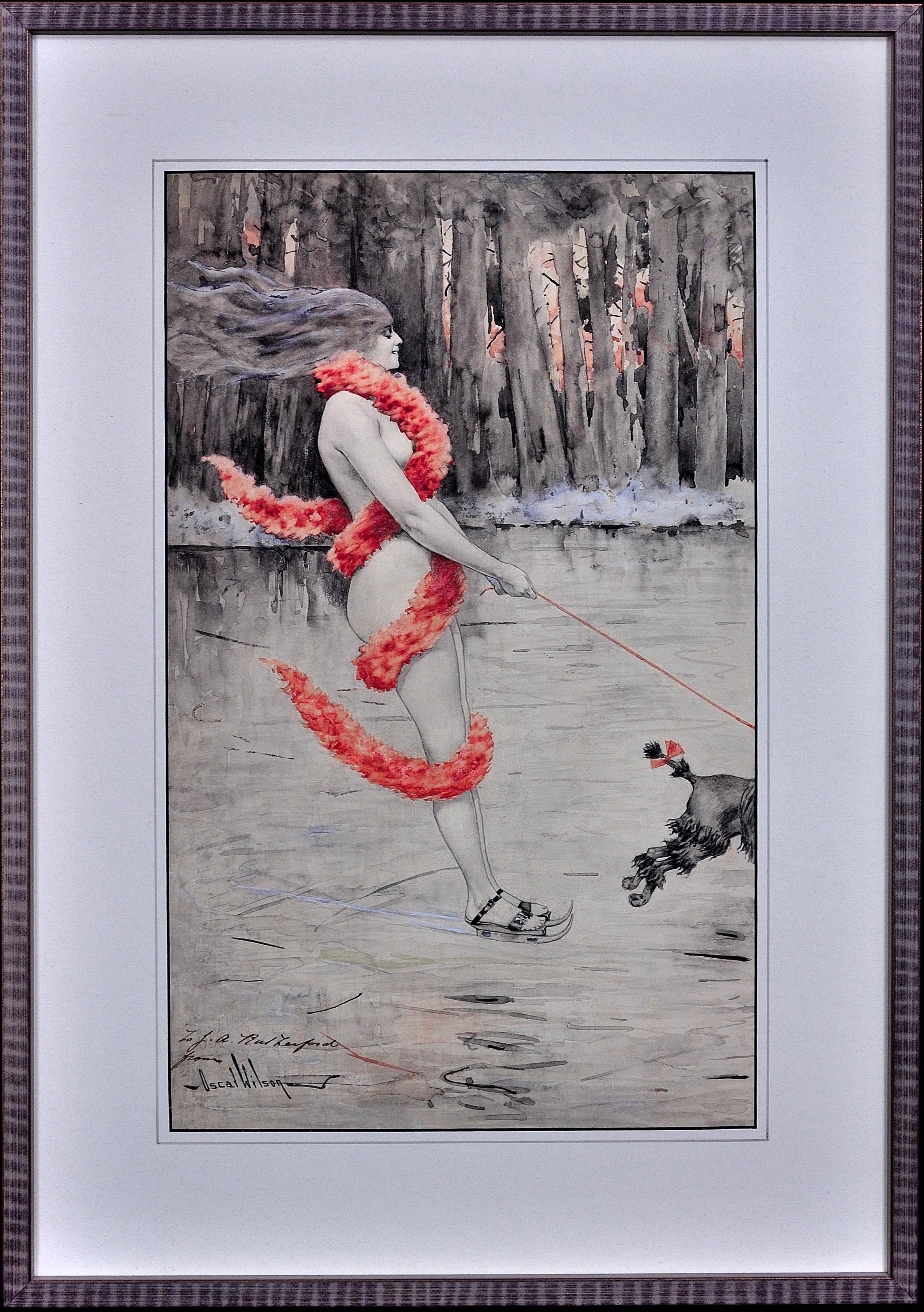 Oscar Wilson Animal Art – The Lady of the Lake. Nackte Dame mit rotem Boa- Skating-Pudel im Jugendstil, wie fun