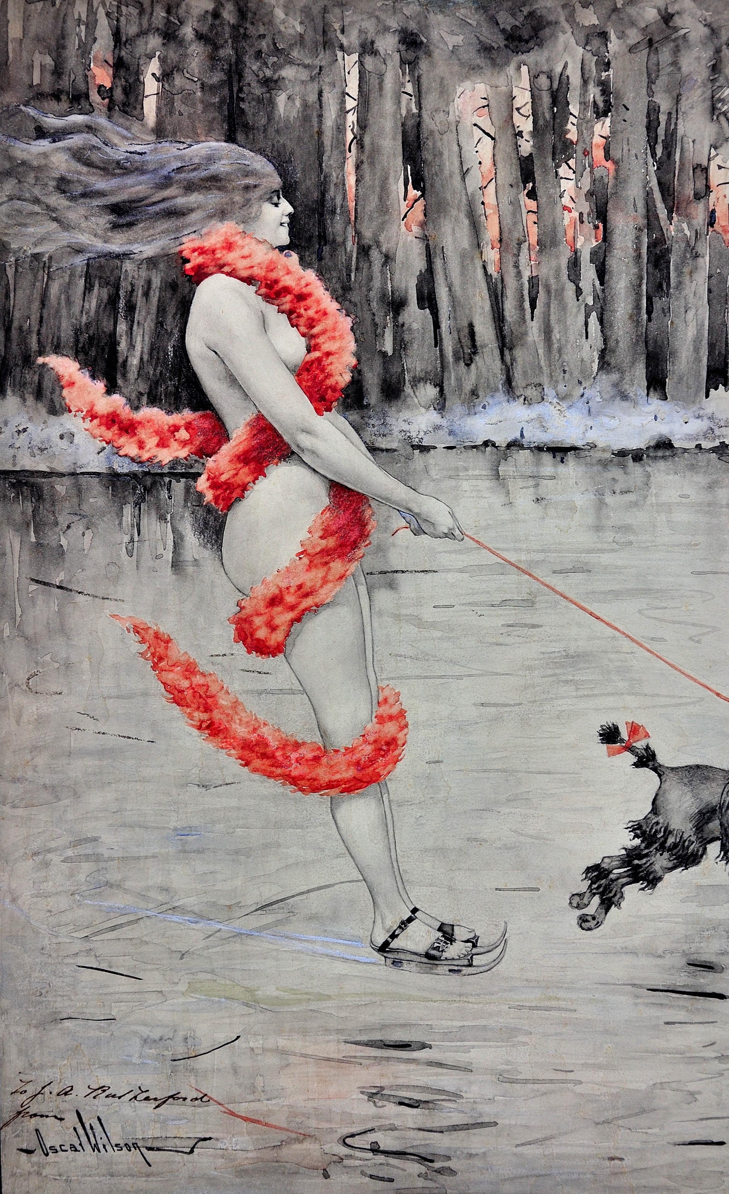 The Lady of the Lake. Nackte Dame mit rotem Boa- Skating-Pudel im Jugendstil, wie fun – Art von Oscar Wilson