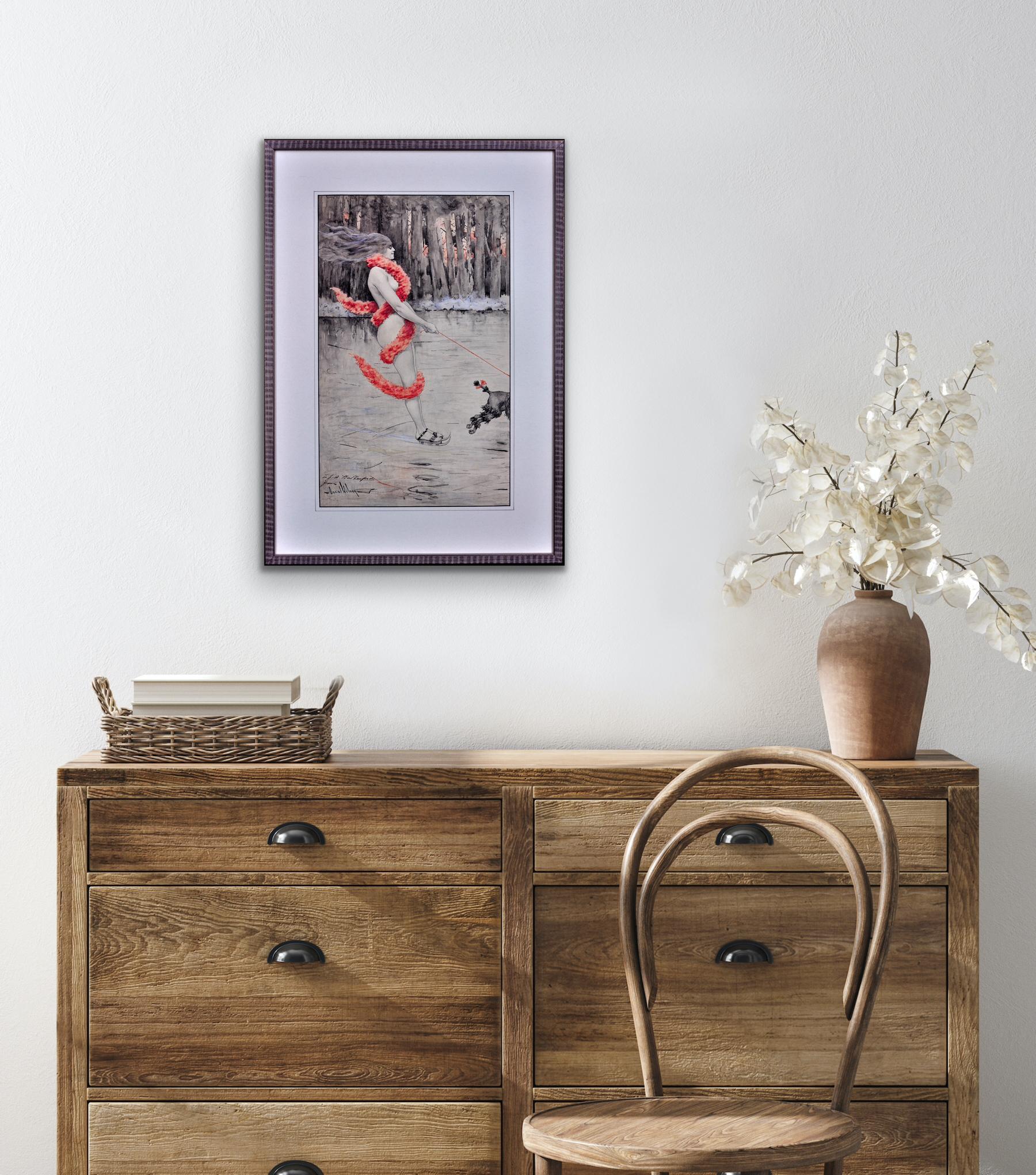 The Lady of the Lake.Naked Lady with Red Boa Skating Poodle Art Nouveau Such Fun For Sale 3