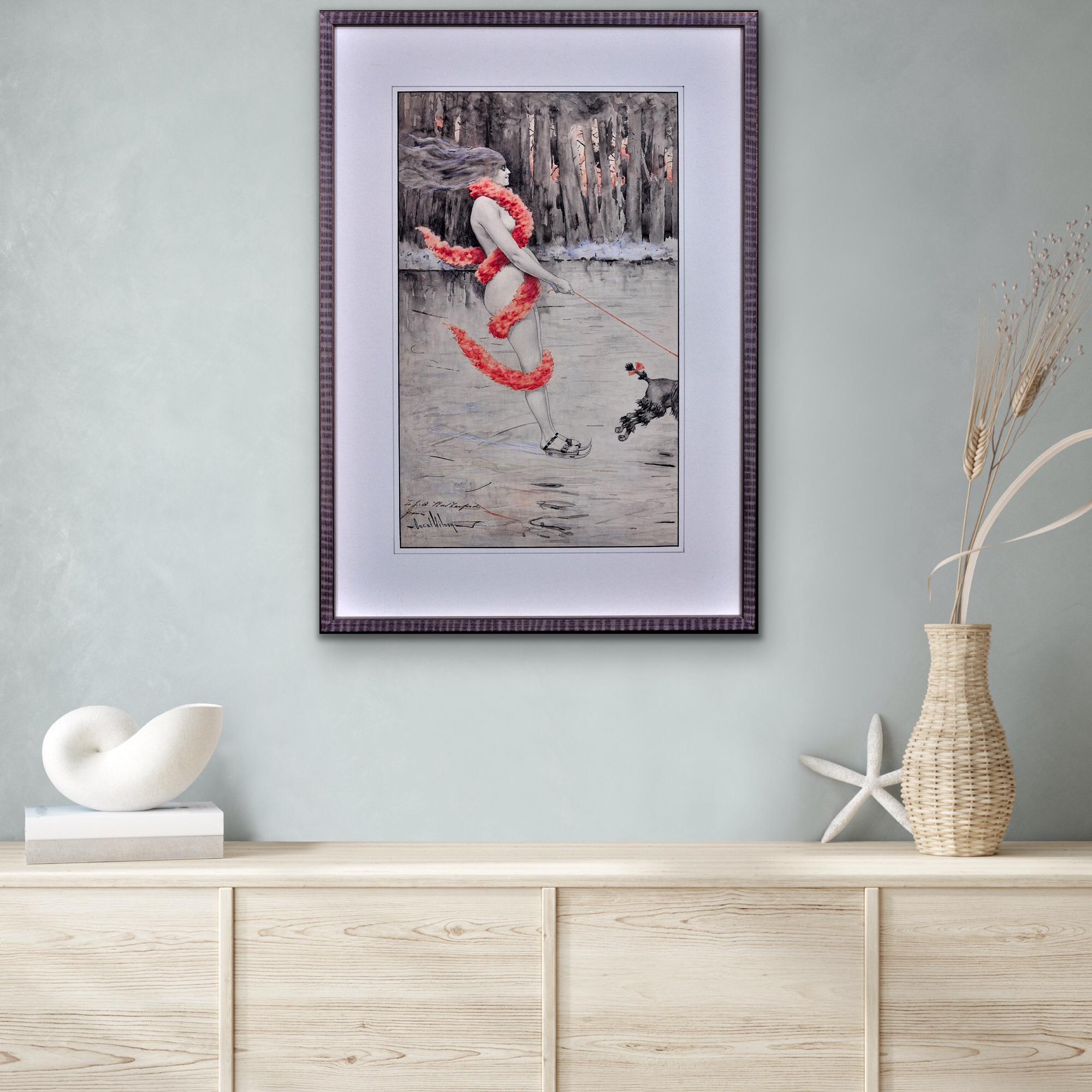 The Lady of the Lake.Naked Lady with Red Boa Skating Poodle Art Nouveau Such Fun For Sale 14