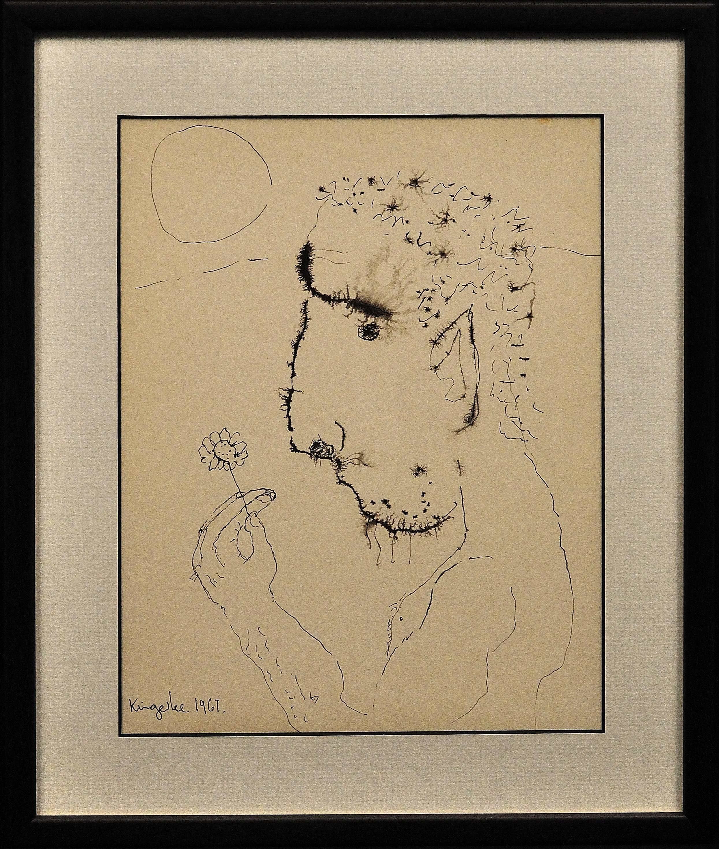 John Kingerlee Nude – Modernes britisches Porträt. Mitte des 20. Jahrhunderts. Original-Tinte-Zeichnung. Flower Power